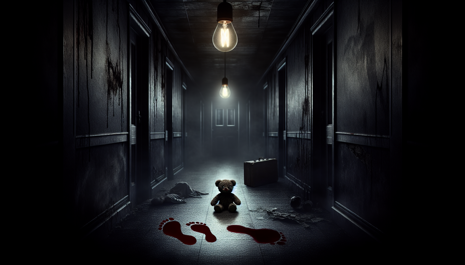 A dark hallway in vertical frame, creepy teddy bear sitting in the middle of the floor, small bloody footprints behind it, flickering lightbulb above, haunted house atmosphere, horror scene in portrait.