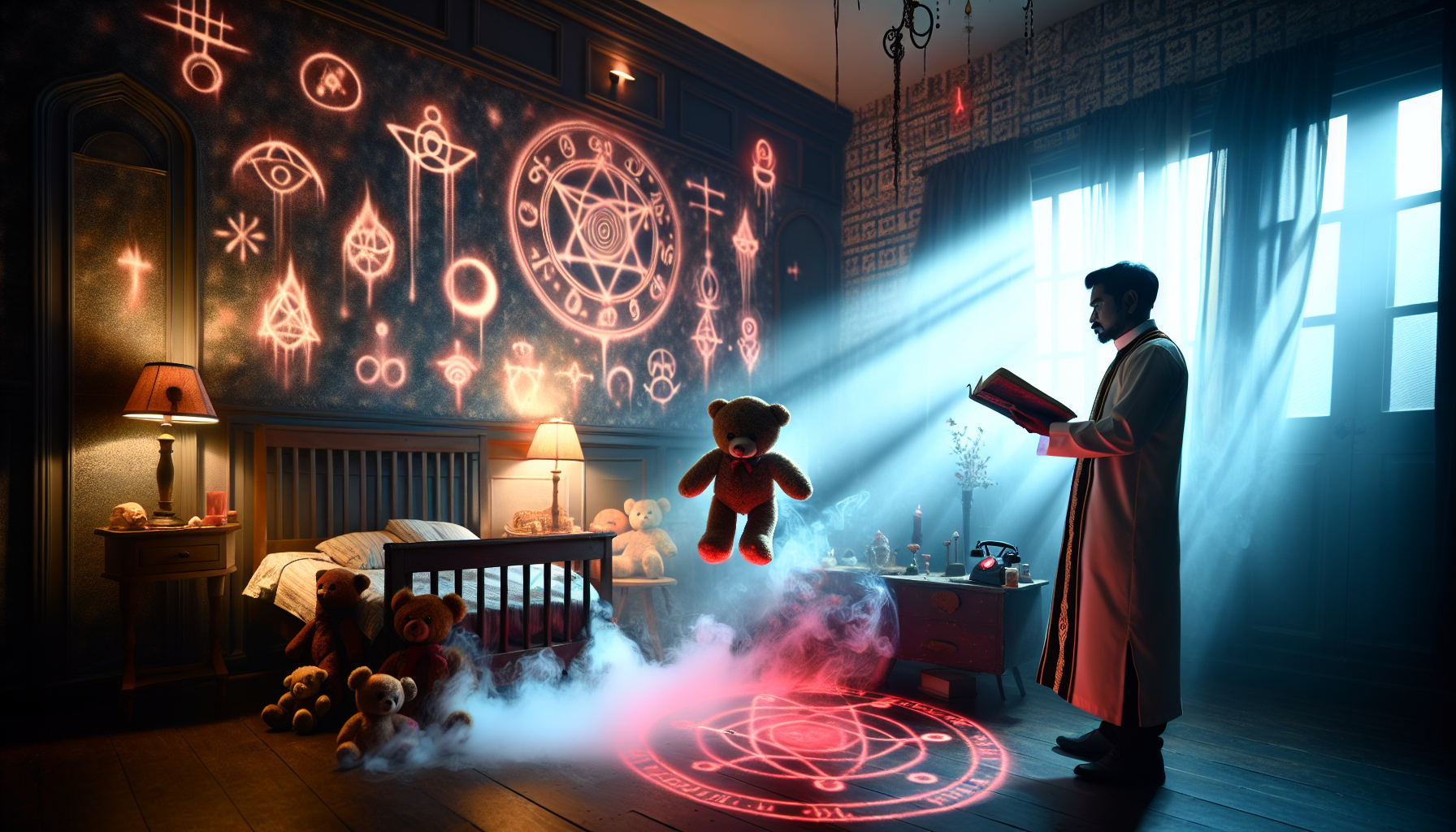 Vertical image of a priest performing an exorcism in a child’s room, the teddy bear floating mid-air, glowing symbols on the walls, red mist rising, intense lighting and shadows, horror theme, 9:16 framing.