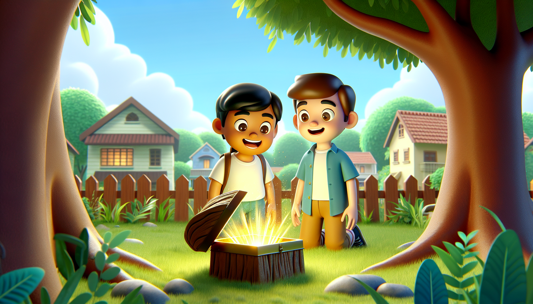 Crea una historia sobre dos amigos que encuentran un tesoro escondido en su vecindario.