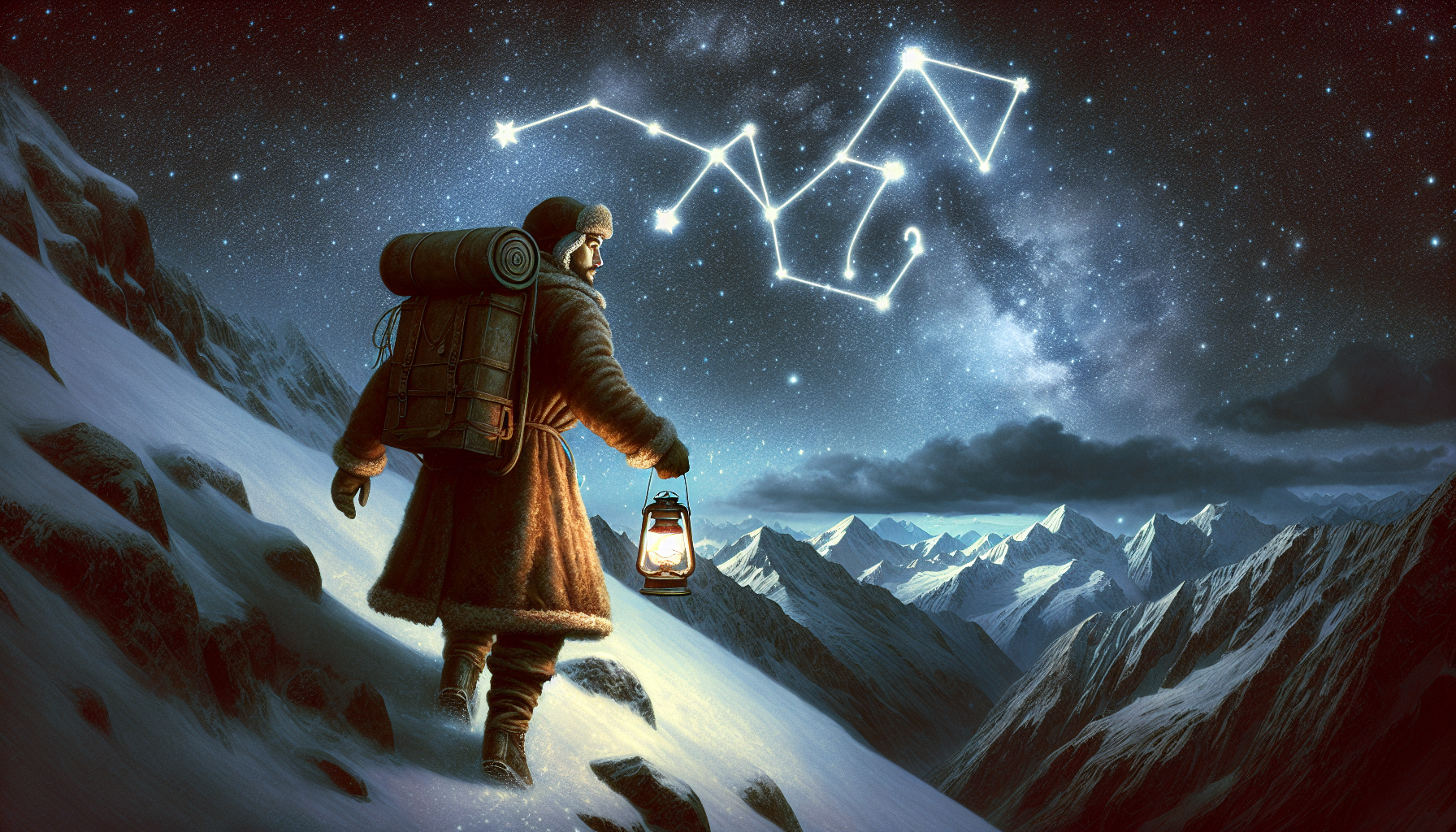 Portrait of a lone Capricorn figure climbing a steep mountain at night, carrying a glowing lantern shaped like a key, stars forming a Capricorn constellation above, cold but determined atmosphere, portrait style