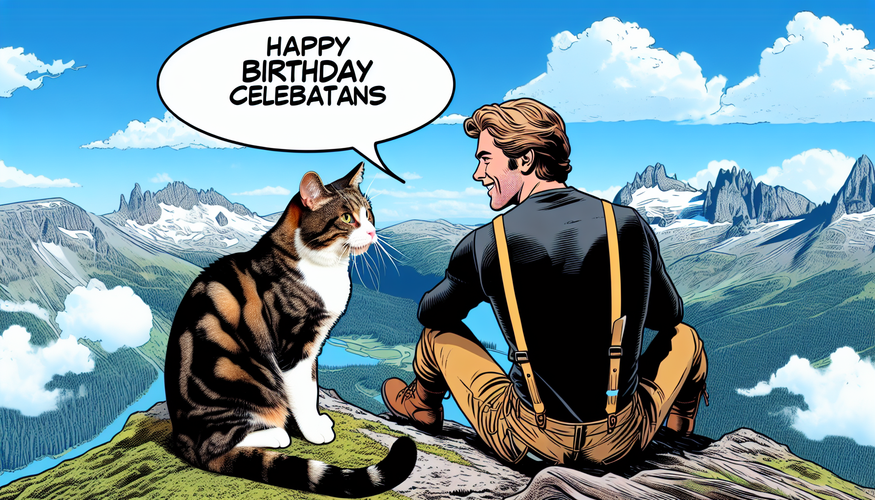 A brown Tabby cat is wishing a man a happy birthday. The man is 30 and Dutch. They are on top of a mountain looking at the view in front. The picture is taken behind them. 