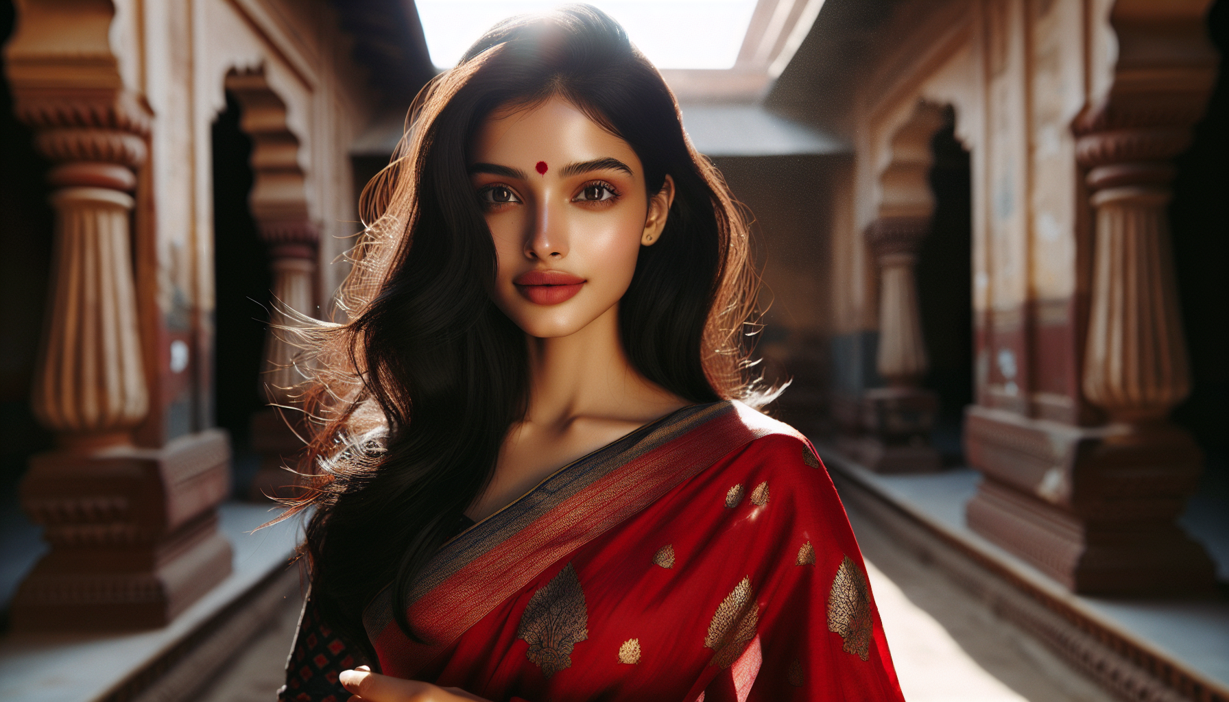 
> A beautiful Indian girl standing in natural sunlight, wearing a traditional red saree with golden border, long black hair flowing in the breeze, soft makeup with a small red bindi on her forehead, graceful posture, slight smile on her face, background of an old Indian haveli (mansion), cinematic lighting, high-resolution, ultra-detailed, realistic style.
