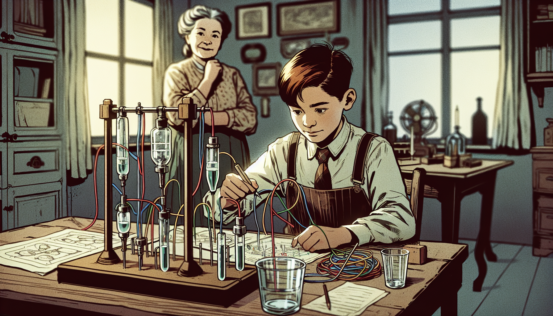 A 13-year-old boy working on a science experiment with glass tubes and wires, while his 40-year-old mother watches proudly. Illustrative albedo style, clean lines, vintage home. Maintain same characters, expressions, and color scheme as rest of the story.
