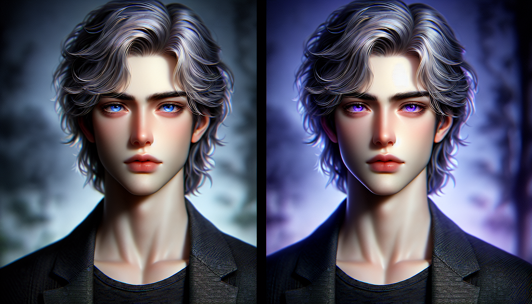 A highly realistic portrait of Rafayel from Love and Deepspace. A young, handsome man with medium-length, wavy silvery purple hair, pale flawless skin, heterochromatic eyes (one bright blue, one vivid violet), elegant and delicate facial features, slightly melancholic and mysterious expression. He has a slim graceful build, wearing a stylish modern black shirt with subtle artistic details. Subtle beauty mark under one eye. The atmosphere is soft cinematic lighting with a hint of fantasy, hyper-detailed photorealistic style.