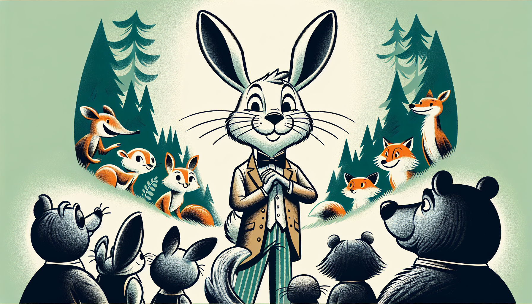 1. "A proud rabbit standing in front of forest animals, showing off, cartoon style for kids"