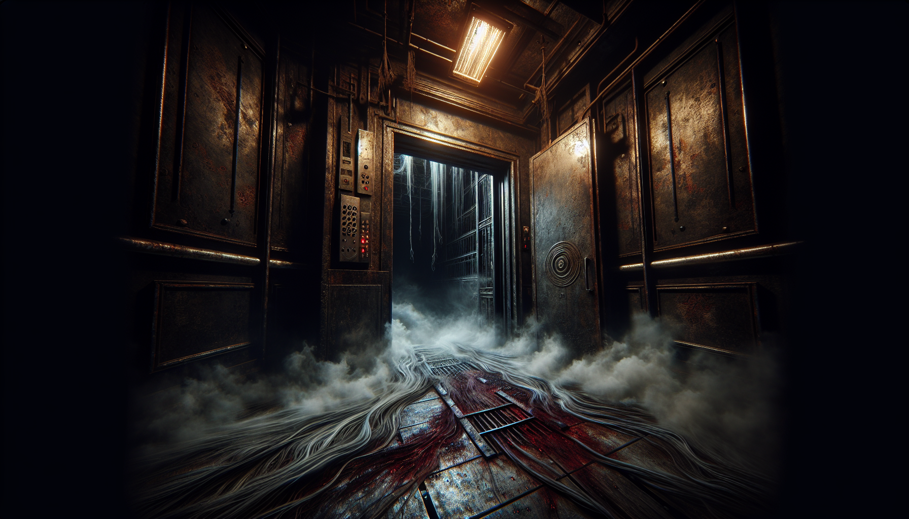 Old elevator doors open into pure blackness, with fog rolling in and ghostly handprints smeared on the inside walls, blood stains on the floor, flickering overhead lights, eerie silence, 9:16 portrait, high-detail horror realism, unnerving cinematic style