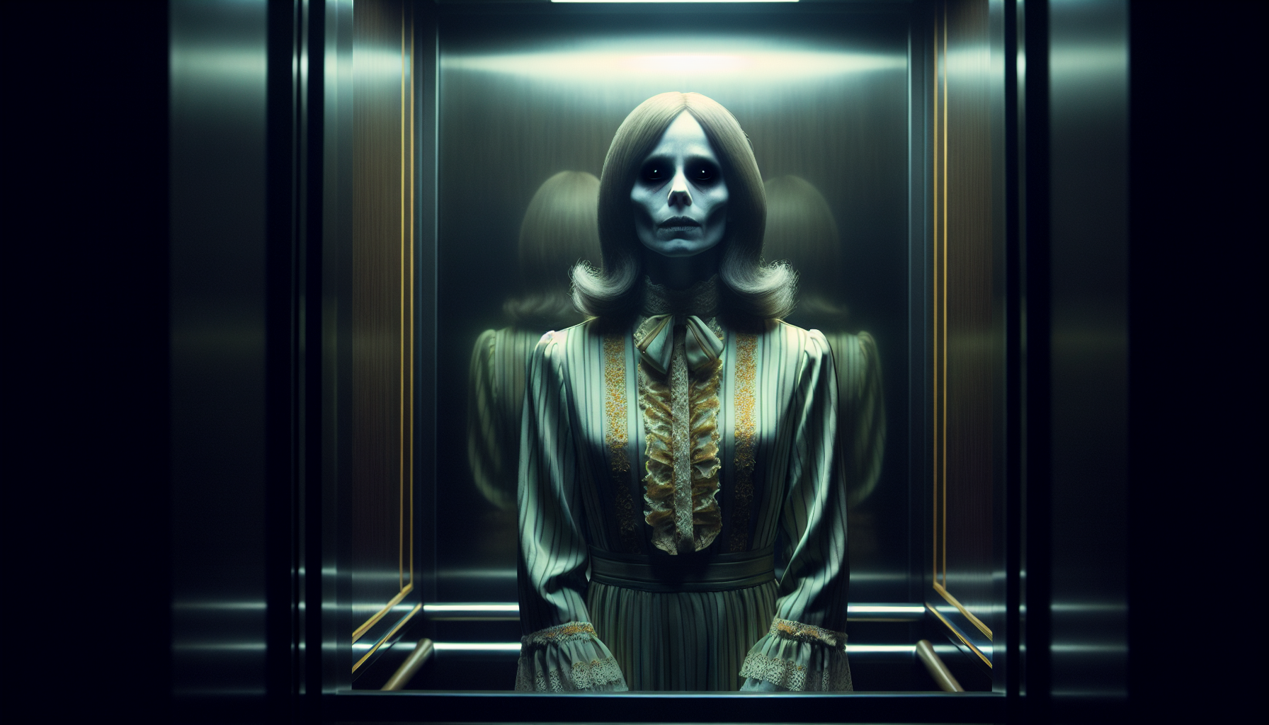 A pale ghost woman in 1970s clothing standing silently inside the elevator, eyes hollow, head slightly tilted, visible through reflection but invisible when looking directly, dim elevator light flickering, 9:16 portrait, psychological horror vibe