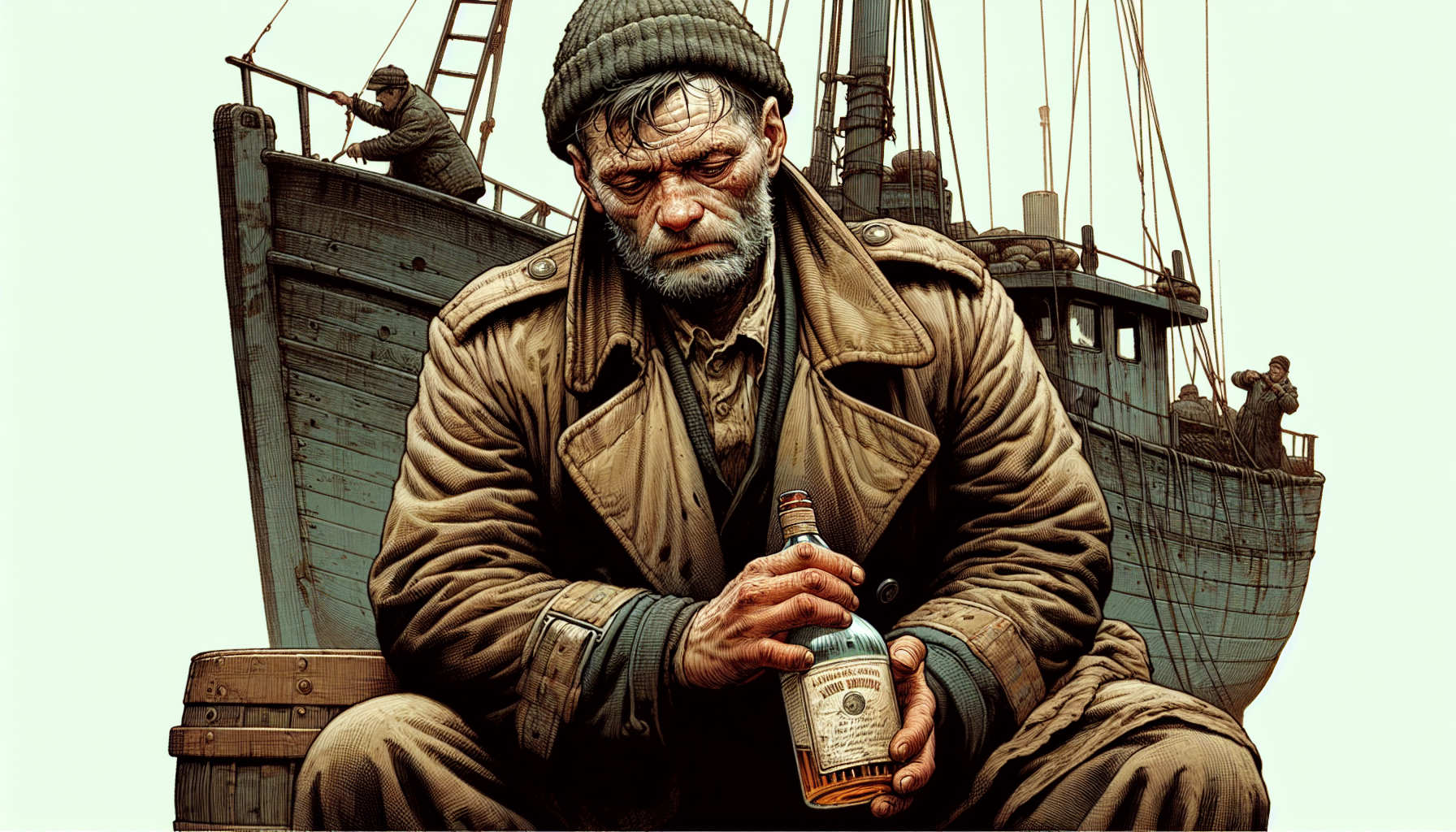 Early 50's Romanian Fishermen about to get on a fishing boat, with a whiskey bottle in one of his hands. The man looks tired and with mild PTSD with an old WWI trench coat and a beanie hat hiding his messy hair