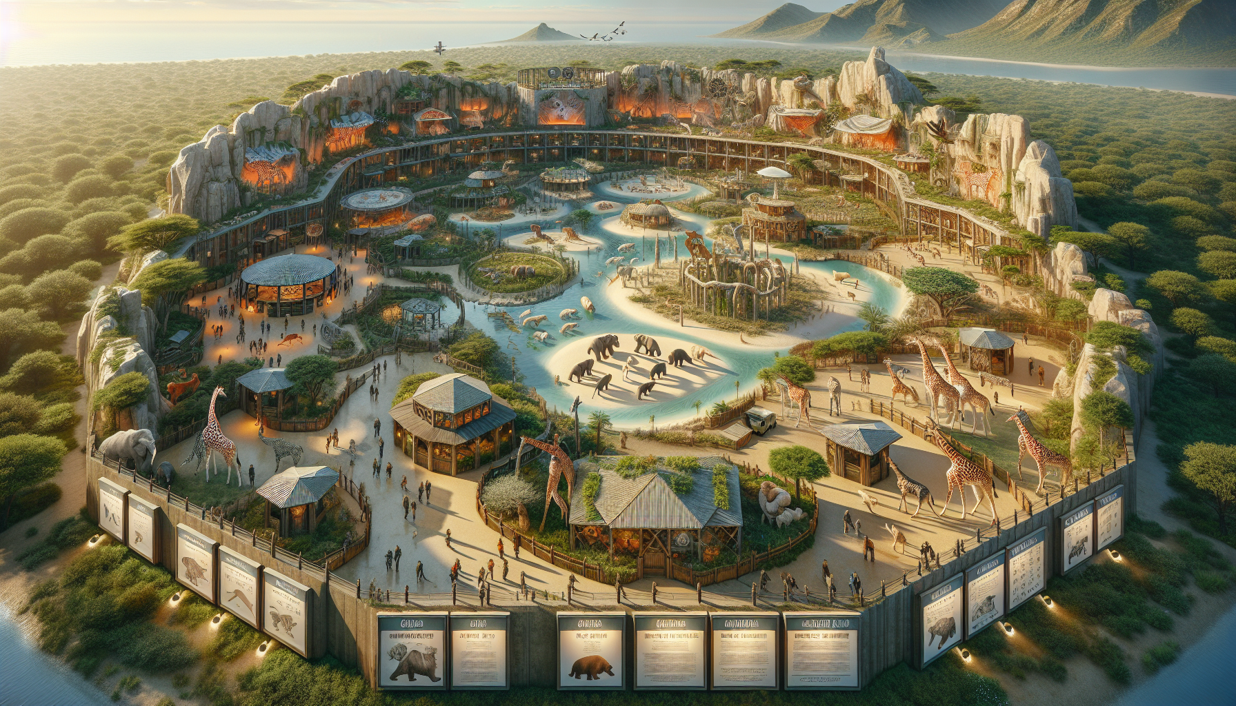 Hyperrealistic aerial view with cross-cutting of a themed zoo divided into five biomes and a large safari area. Detailed design with visible structures inside and out, visitors walking and interacting, vegetation and architecture typical of each area, natural lighting. All playable animals from Planet Zoo habitat (PS5 deluxe version with season pass) represented in their corresponding zones. Signage and decoration in Spanish.

🏜️ Safari hybrid meadow + desert: circuit of cars touring a large sandy plain with giraffes, zebras, rhinos, gazelles, camels, ostriches, buffaloes and desert turtles. Closed habitats for predators such as lions, cheetahs, leopards, hyenas, caracals, fenec foxes, servals, Ethiopian wolves and ocelots. African tribal decoration, nomadic kiosks, lodge restaurant with terrace, shops with colourful fabrics. Saharan ruined terrariums with reptiles and insects. Visitors visible in safari cars.

❄️ Arctic area: snowy mountains and icy tunnels with seals, penguins, walruses, polar bears, Arctic foxes, musk oxen. Large pools with underwater windows. Cabin restaurant with fireplace. Hot chocolate station, polar shop. Ice cave with terrariums lit in blue. Northern Lights screens.

🌳 Temperate zone: oak and birch forest, dirt roads, bear habitats, deer, beavers, badgers, otters, wolves, wild boars, foxes, wildcats. Restaurants and toilets camouflaged in green huts. Wet terrariums in hollow trunks with salamanders, frogs, snakes and insects. Underwater windows of beavers and otters in activity.
🍃 Tropical zone: dense jungle with elevated walkways. Habitats of gorillas, chimpanzees, jaguars, anacondas, orangutans, lemurs, tapir, okapi, capybara and giant otter. Decoration with hanging vegetation, wooden structures and solar toilets. Restaurant on piles. Tropical terrariums with warm lighting, reptiles and exotic amphibians on elevated walkway. Underwater windows with visitors.

⛰️ Taiga Zone / Asian boreal forest: mountain forest with fog, moss, rocks. Red and giant pandas, lynxes, Siberian tigers, Pallas cats, macaques, otters, Japanese serow, apities. Oriental architecture in restaurant and shops. Wet terrariums among stones, with Himalayan snakes, toads, mantises, beetles and ornate tarantulas.

Advanced details: visible visitors, color signage, map of the zoo named in Spanish, totems by area, monorail touring the entire zoo, ramps and underwater accesses, visible tunnels, decorated benches and bins, botanical gardens, outdoor theater, museum, themed children's areas, food stalls, ice cream and local markets, monumental sculptures at entrances to each biome. Environmental decoration according to climate: dunes, rivers, valleys, mountains.

Ultra realistic style, natural lighting, architectural integration with the environment, cut perspective showing tunnels, interior terrariums and structures. Text in Spanish.