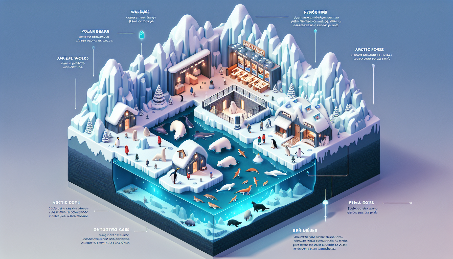 Isometric view of an Arctic biome with snow, icy mountains, ice caves and habitats with polar bears, seals, penguins, walruses, Arctic foxes, reindeer and musk oxen. Ice roads, visitors in winter clothes. Underwater windows visible with penguins and seals swimming. Restaurant cabin with fireplace, polar souvenir shop, frozen toilets. Terrariums inside an icy cave with blue lighting. Educational screens showing Northern Lights. Realistic style, text in Spanish.