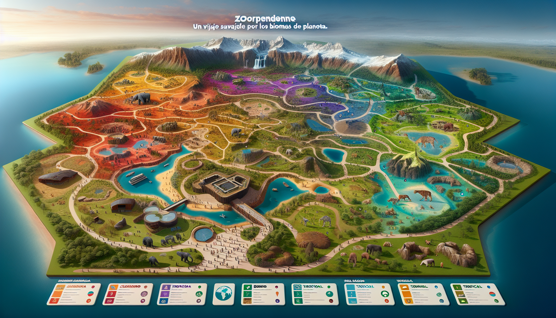 Colorful and detailed top-down illustrated map of a themed zoo called “Zoorprendente”, designed like a tourist guide. Each area is clearly separated by biome and highlighted with a unique color. The entire layout includes walking paths, visitor routes, animal habitats, buildings, and landscape features.

At the top of the map, include a big, fun title:  
🐾✨ Zoorprendente ✨🐾  
“Un viaje salvaje por los biomas del planeta”  
(Text must appear in Spanish)

Include the following zones:

🟡 Safari Fusión (Grassland + Desert):  
Large vehicle circuit with visible cars carrying visitors. Herbivores roam freely (zebras, giraffes, camels, antelopes), while carnivores (lions, hyenas, leopards, cheetahs) are in nearby separate enclosures. Terrain with dunes, rocks, acacia trees. Include a lodge-style restaurant and African-style signage.

🔵 Bioma Ártico (Arctic Zone):  
Snowy mountains, icy pools, and underwater tunnels. Polar bears, penguins, walruses, arctic foxes, seals. Includes an arctic-themed cafe, aurora visuals, and educational signs in Spanish.

🟢 Bioma Templado (Temperate Forest):  
Deciduous forest with rivers and fallen leaves. Animals like brown bears, deer, wolves, badgers, foxes, otters. Include cabins, treehouses, and log terrariums. Natural wooden signage and restrooms.

🌿 Bioma Tropical (Rainforest):  
Dense jungle with raised walkways and lush vegetation. Animals like gorillas, jaguars, lemurs, orangutans, anacondas, capybaras. Treehouse-style restaurant, palafitte restrooms, mist and lighting effects. Add tropical terrariums and underwater areas.

🤎 Bioma Taiga / Asia (Mountain Forest):  
Misty forest with rocks, cliffs, and oriental architecture. Pandas, red pandas, Siberian tigers, snow leopards, lynxes, macaques. Include mountain-style signage, bridges, and stone pathways.

Each zone should include:
– Icons of animals  
– Bathrooms and restaurants with biome-specific architecture  
– Classic terrariums and walkthrough terrariums decorated by biome  
– Themed shops, educational panels, interactive signage  
– Colored totems to mark each biome  
– Spanish text everywhere (including legend and names)

🧭 Add:
– Monorail or safari train with visible route and stations  
– Icon of accessibility ♿ on paths and restrooms  
– Botanical gardens, museum, theater or cinema  
– Decorative entrances to each zone (arches or monuments)  
– Fountains, benches, trash bins with themed designs  
– Legend with animal silhouettes and color-coded zones (in Spanish)

Map style: Illustrated, colorful, fun and educational. Designed for families and children.  
All text must be in **Spanish**. The logo “Zoorprendente” must be clearly visible.