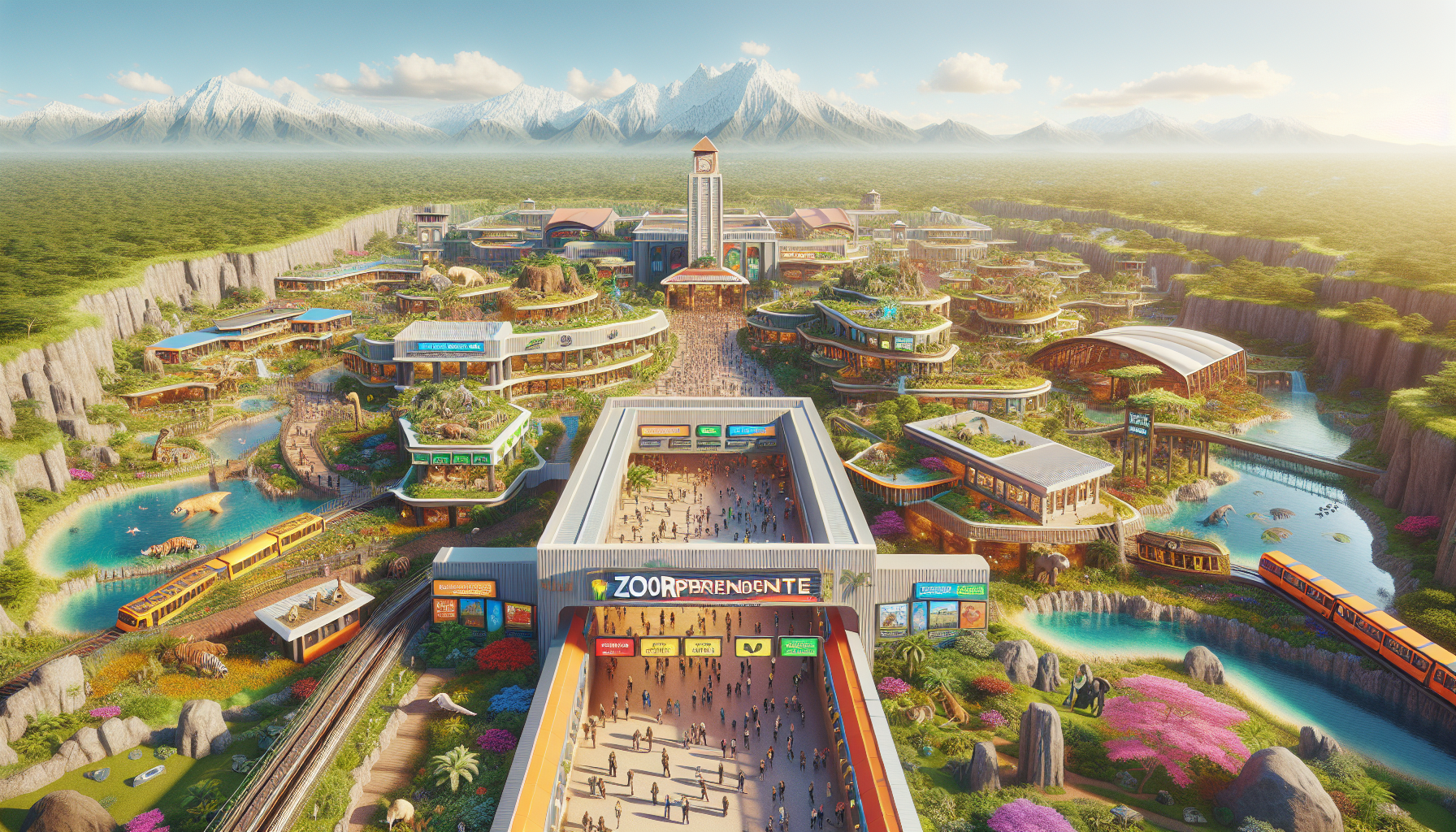 Hyper-realistic aerial cutaway view of a large themed zoo called “Zoorprendente”, showing both the surface and the interior of habitats. Bright daytime lighting, naturalistic setting, detailed architecture, and visitors actively exploring. All text and signage must be in Spanish.

At the top of the image, include a large entrance banner with the zoo’s name and motto:  
🐾✨ Zoorprendente ✨🐾  
“¡Un viaje salvaje por los biomas del planeta!”

The zoo is divided into five main themed zones, each one with color-coded decorations and signage:

🟡 SAFARI FUSIÓN (Desert + Grassland):  
Open safari with cars carrying visitors through shared habitat for herbivores (zebras, giraffes, rhinos, camels, ostriches, antelopes). Predators like lions, hyenas, leopards, cheetahs are in individual enclosures nearby. Terrain features: dry bushes, dunes, acacias, termite mounds. Includes a lodge-style restaurant and tribal-style shops.

🔵 ÁRTICO:  
Snowy biome with mountains, ice caves, and deep underwater tunnels. Include polar bears, penguins, walruses, arctic foxes, seals. Interior cut shows visitors walking through glass underwater tunnels. Decorations include aurora lights, snow sculptures, and a hot drink station.

🟢 TEMPLADO:  
Forest with deciduous trees, wooden paths, natural rivers. Habitats for brown bears, deer, wolves, beavers, foxes. Include terrariums inside logs, forest-themed restrooms, and educational panels. Shows elevated visitor areas and underground viewing platforms.

🌿 TROPICAL:  
Dense jungle with high humidity, raised walkways, mist, and vibrant plants. Habitats for gorillas, jaguars, orangutans, tapirs, lemurs, capybaras, anacondas. Visible underwater tunnels showing submerged areas. Include tropical-style treehouse restaurant, and themed terrariums (both classic and walkthrough).

🤎 TAIGA / ASIA:  
Mountain forest with cliffs, pines, mist, and oriental decor. Includes pandas, red pandas, Siberian tigers, lynxes, macaques. Interior view shows terrariums with mossy rocks, fog, and bamboo decor. Visitor paths cross through bridges and caves.

Include throughout the image:
– Visitor interaction  
– Monorail or safari train route passing through all zones with visible stops  
– Color-coded totems and signs per zone  
– Educational panels, speakers, screens and interactive features  
– Decorative rest areas, fountains, benches, trash bins  
– Clear visual access to tunnels and ramps ♿  
– Botanical garden, theater, museum, and kids’ zones

Style: Bright, realistic, educational, family-friendly. Include the “Zoorprendente” logo and Spanish text for all signs and names.