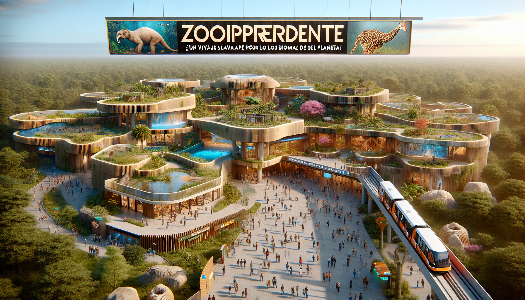 Hyper-realistic aerial cutaway view of a large themed zoo called “Zoorprendente”, showing both the surface and the interior of habitats. Bright daytime lighting, naturalistic setting, detailed architecture, and visitors actively exploring. All text and signage must be in Spanish.

At the top of the image, include a large entrance banner with the zoo’s name and motto:  
🐾✨ Zoorprendente ✨🐾  
“¡Un viaje salvaje por los biomas del planeta!”

The zoo is divided into five main themed zones, each one with color-coded decorations and signage:

🟡 SAFARI FUSIÓN (Desert + Grassland):  
Open safari with cars carrying visitors through shared habitat for herbivores (zebras, giraffes, rhinos, camels, ostriches, antelopes). Predators like lions, hyenas, leopards, cheetahs are in individual enclosures nearby. Terrain features: dry bushes, dunes, acacias, termite mounds. Includes a lodge-style restaurant and tribal-style shops.

🔵 ÁRTICO:  
Snowy biome with mountains, ice caves, and deep underwater tunnels. Include polar bears, penguins, walruses, arctic foxes, seals. Interior cut shows visitors walking through glass underwater tunnels. Decorations include aurora lights, snow sculptures, and a hot drink station.

🟢 TEMPLADO:  
Forest with deciduous trees, wooden paths, natural rivers. Habitats for brown bears, deer, wolves, beavers, foxes. Include terrariums inside logs, forest-themed restrooms, and educational panels. Shows elevated visitor areas and underground viewing platforms.

🌿 TROPICAL:  
Dense jungle with high humidity, raised walkways, mist, and vibrant plants. Habitats for gorillas, jaguars, orangutans, tapirs, lemurs, capybaras, anacondas. Visible underwater tunnels showing submerged areas. Include tropical-style treehouse restaurant, and themed terrariums (both classic and walkthrough).

🤎 TAIGA / ASIA:  
Mountain forest with cliffs, pines, mist, and oriental decor. Includes pandas, red pandas, Siberian tigers, lynxes, macaques. Interior view shows terrariums with mossy rocks, fog, and bamboo decor. Visitor paths cross through bridges and caves.

Include throughout the image:
– Visitor interaction  
– Monorail or safari train route passing through all zones with visible stops  
– Color-coded totems and signs per zone  
– Educational panels, speakers, screens and interactive features  
– Decorative rest areas, fountains, benches, trash bins  
– Clear visual access to tunnels and ramps ♿  
– Botanical garden, theater, museum, and kids’ zones

Style: Bright, realistic, educational, family-friendly. Include the “Zoorprendente” logo and Spanish text for all signs and names.