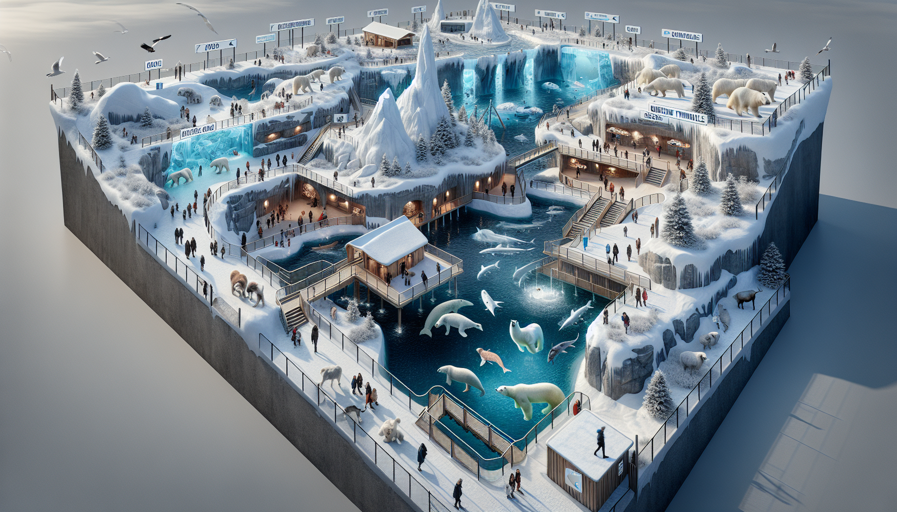  hyper-realistic aerial cross-section view of the Arctic biome in a large zoo. Snowy peaks, icy cliffs, frozen waterfalls, and deep pools with underwater tunnels visible with stairs and ramps. Animals: polar bear, reindeer, arctic wolf, dall sheep, snowy owl, arctic hare, grey seal, muskox. Large signage “Arctic Zone”. Themed Nordic cabin style food zone, restaurant, restrooms, and two shops. Educational zones with digital screens, speakers, and large informative signs. Visitors descending stairs to underwater tunnels, families observing animals, benches, shaded areas, and water fountains. Realistic icy terrain with snow textures and natural lighting.