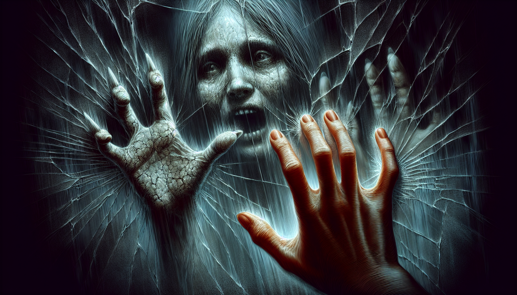 The reflection reaching out with a pale, cracked hand toward the glass, while the person stares in fear, 9:16 portrait, high detail, supernatural horror