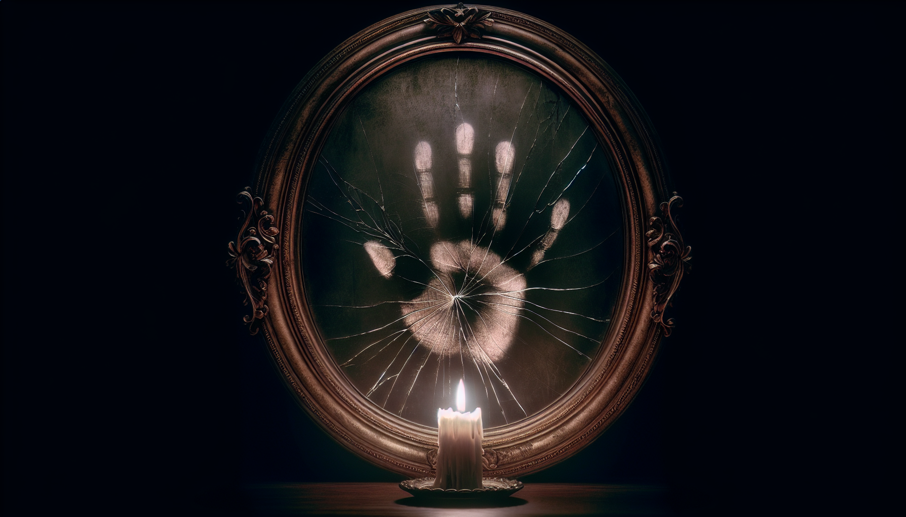 A close-up of a large mirror with visible cracks slowly forming from the center, as if something is pressing from inside, faint handprint visible under the glass, candle flickering in front, 9:16 portrait, suspenseful horror detail