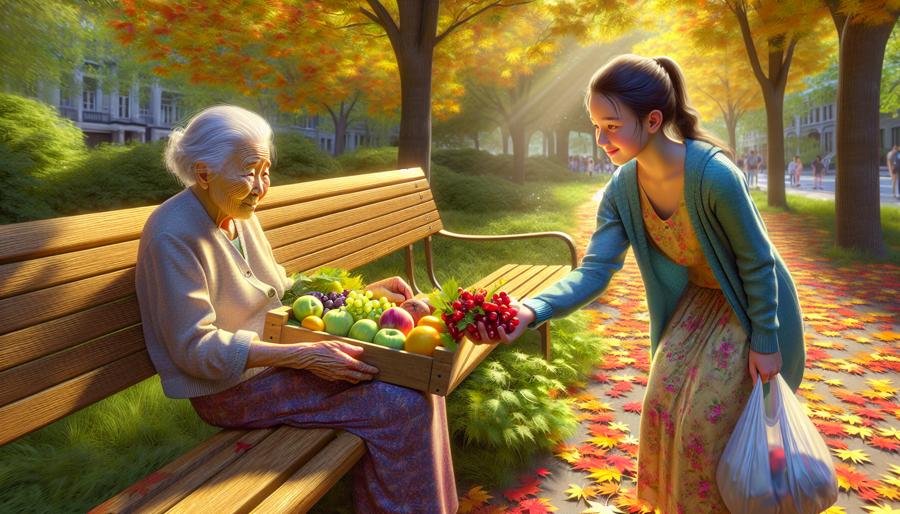 sunny day, park, old woman cleaning a bench from fallen maple leaves, 12-year-old girl offers the old woman fruit