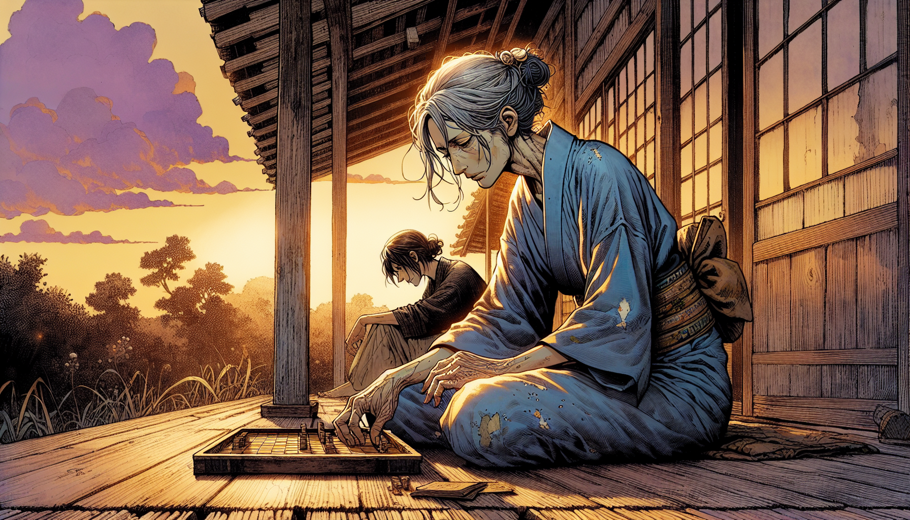 Komugi and Meruem sitting together on the porch of a aging wooden cabin, under a twilight sky bathed in golden and soft purple tones. The scene is impregnated with a nostalgic and quiet atmosphere, with Yoshihiro Togashi's artistic style: expressive lines, narrative details and a palette of warm and turned off. Komugi, of hunched but serene posture, wears a blue yukata with frayed fists and a removal on the shoulder; His callosay hands, with short nails and fingers stained with ink, rest on a gungi board. His silver hair, collected in a ponytail, lets a strand that the breeze moves gently on his cheek. His bedroom, barely open eyes, transmit calm and contemplation. Beside him, Meruem projects a powerful but serene presence, dressed in a black tunic of defined lines, sitting in silence and observing Komugi with an expression of respect and affection. The wood of the porch shows veins, knots and curvatures for the passage of time, and the twilight bathes the scene in golden and violet reflexes, accentuating the intimacy and the link between the two characters.