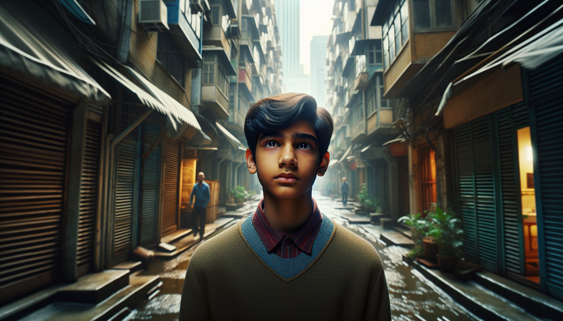 Generate cinematic 16:9 images with a mix of realism and emotion: a boy walking in a small alley, imagining a gift for his mother . Same boy as the image