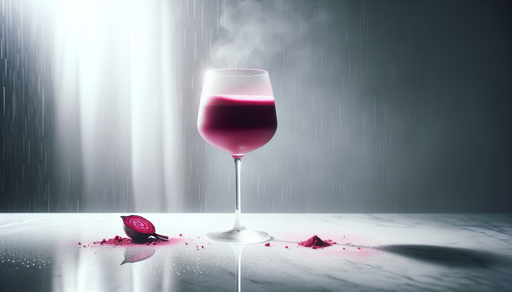 "A minimalist, aesthetic photo of a vibrant pink beetroot powder drink served in an elegant wine glass with a slender long stem. The glass is placed on a clean white or light grey background, on a white marble surface with soft natural lighting. Subtle steam rising from the drink for a warm, cozy monsoon vibe. Light rain reflections on the surface to enhance the romantic rainy mood. Shallow depth of field for a blurred background. Instagram-worthy and modern