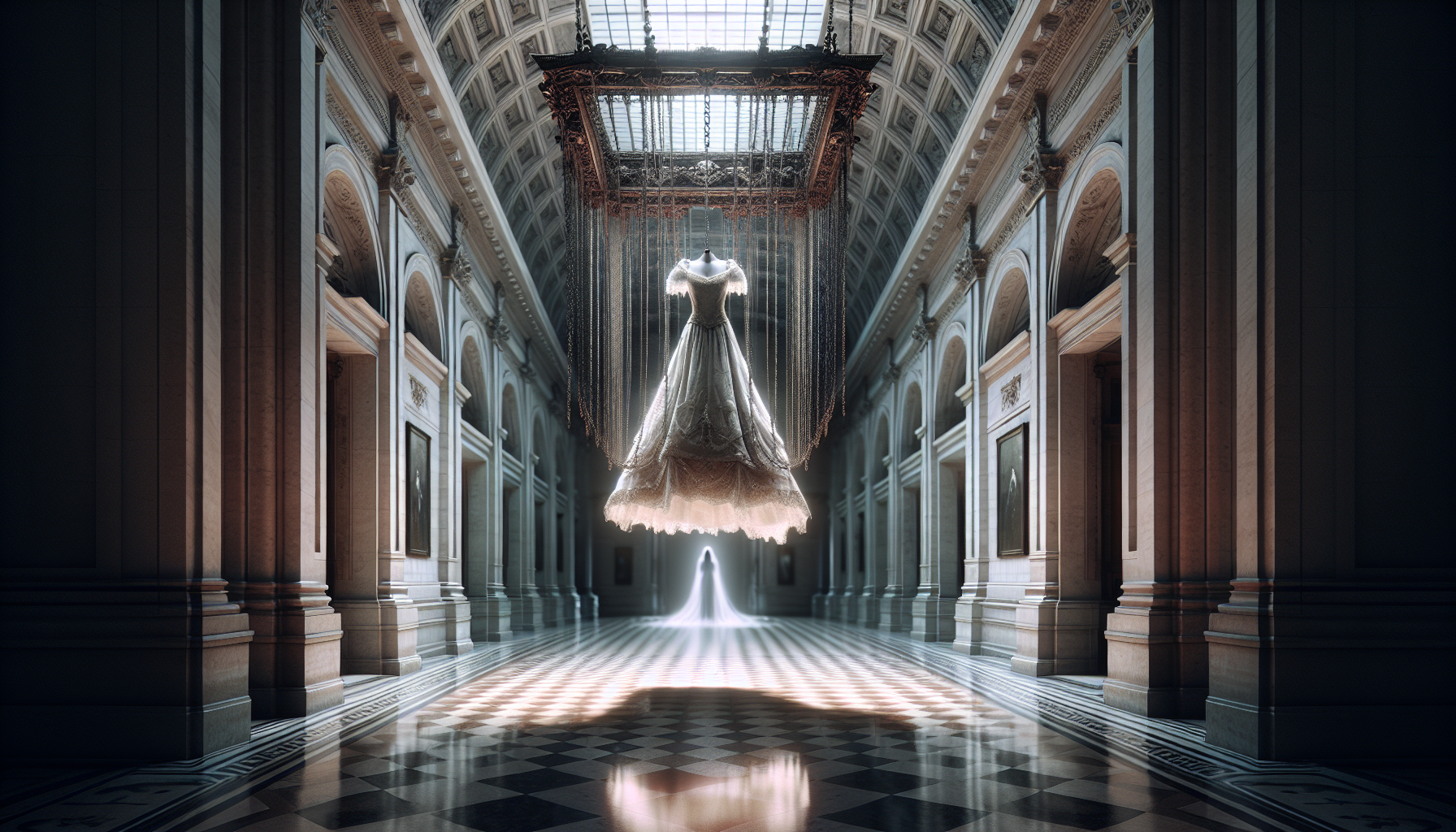 Wide museum corridor with a cursed wedding dress suspended mid-air behind chains, ghostly woman’s silhouette faintly visible nearby
