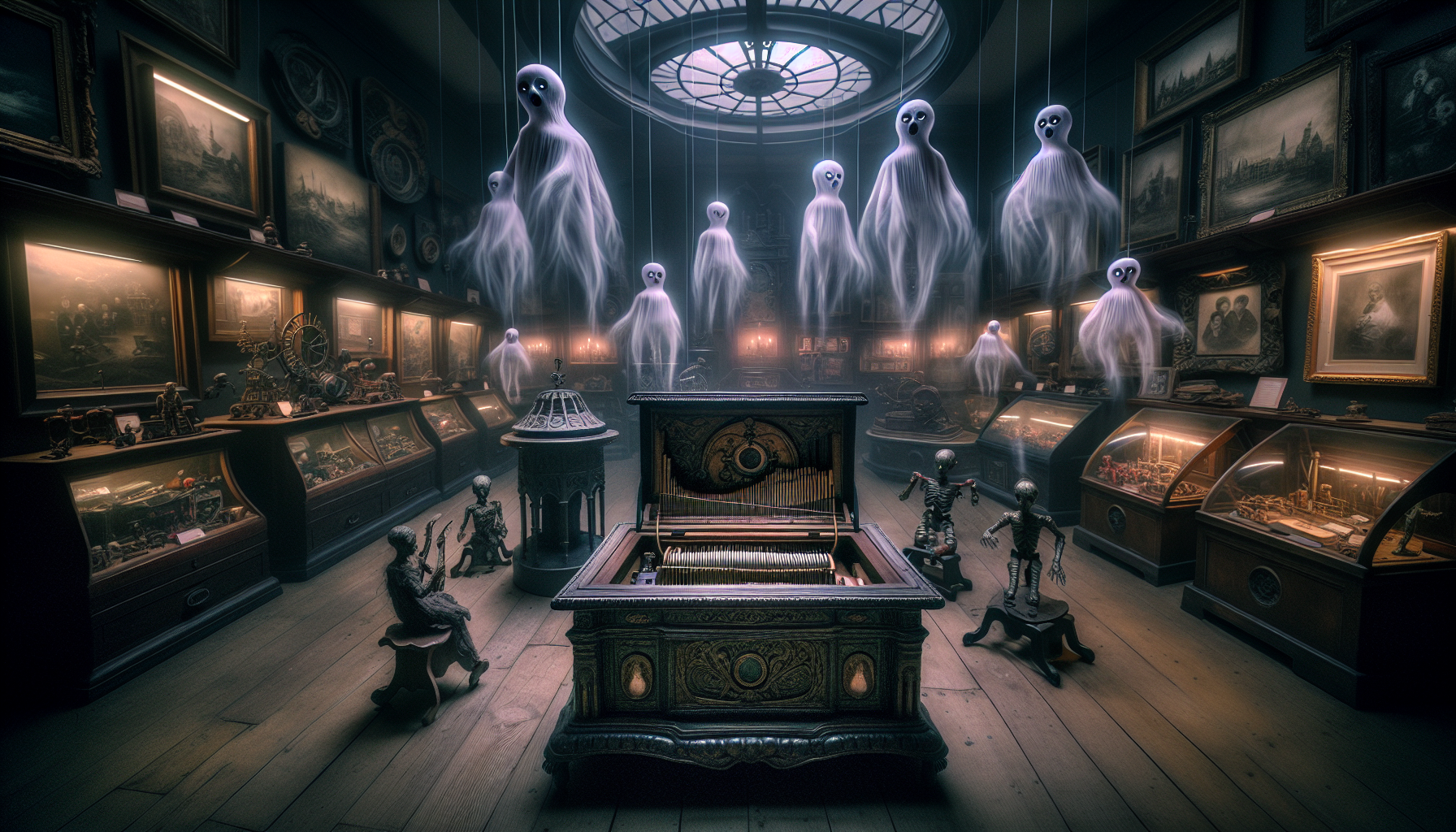 Cursed toy section of the museum, old music box open and playing, ghostly figures surrounding it