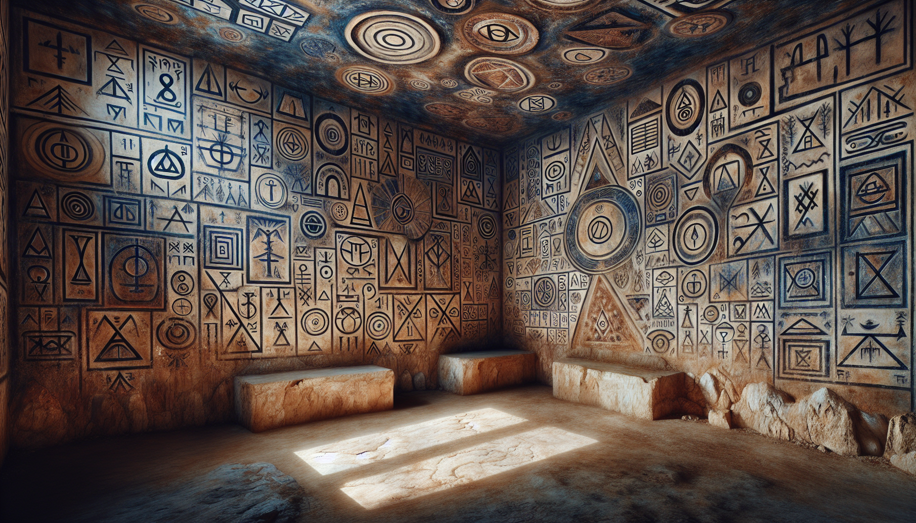 Landscape scene showing a room full of protective symbols drawn all over the walls, yet torn in places