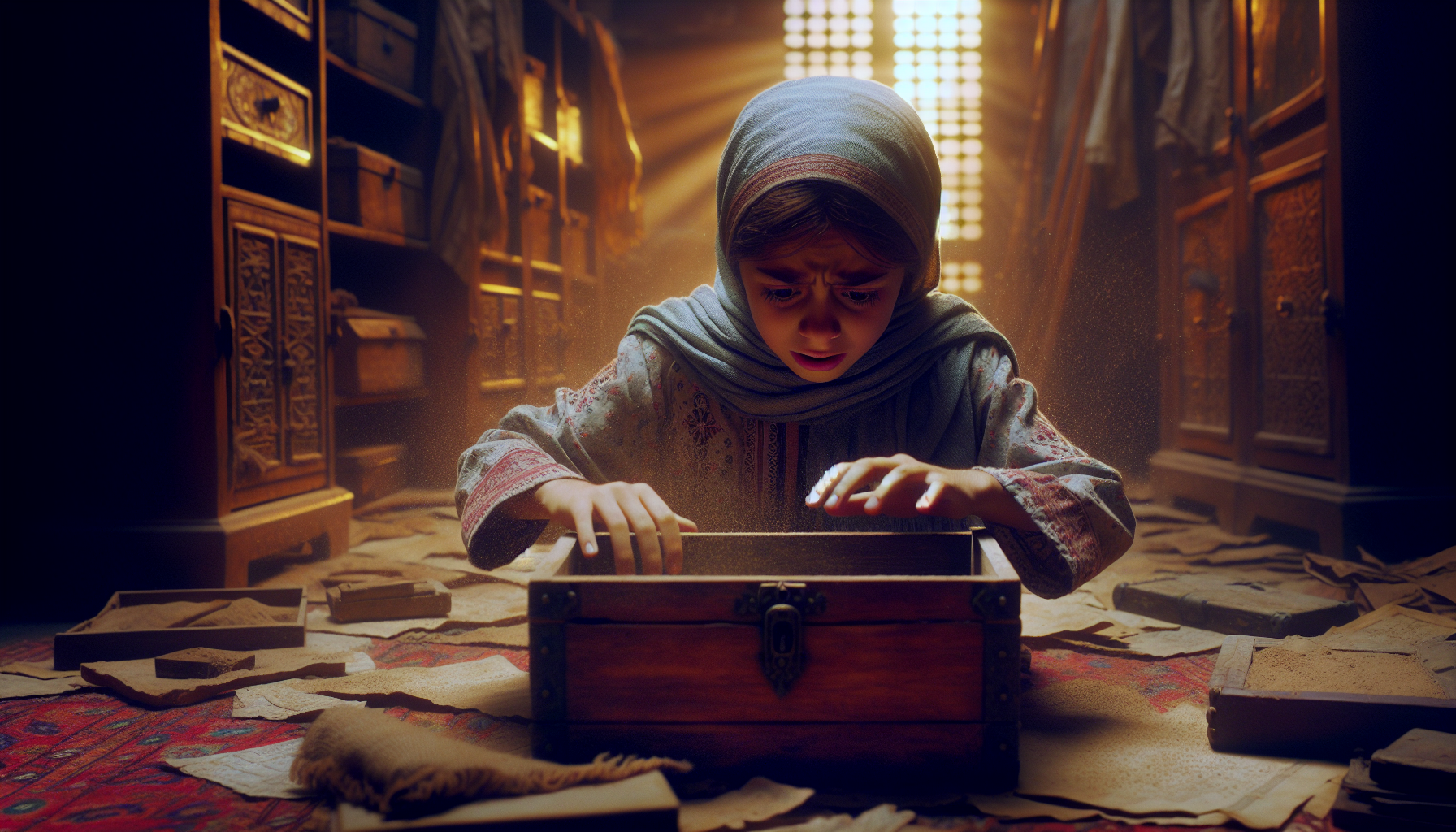  Girl opening a dusty wooden box from closet, emotional expression, cinematic, 16:9 landscape