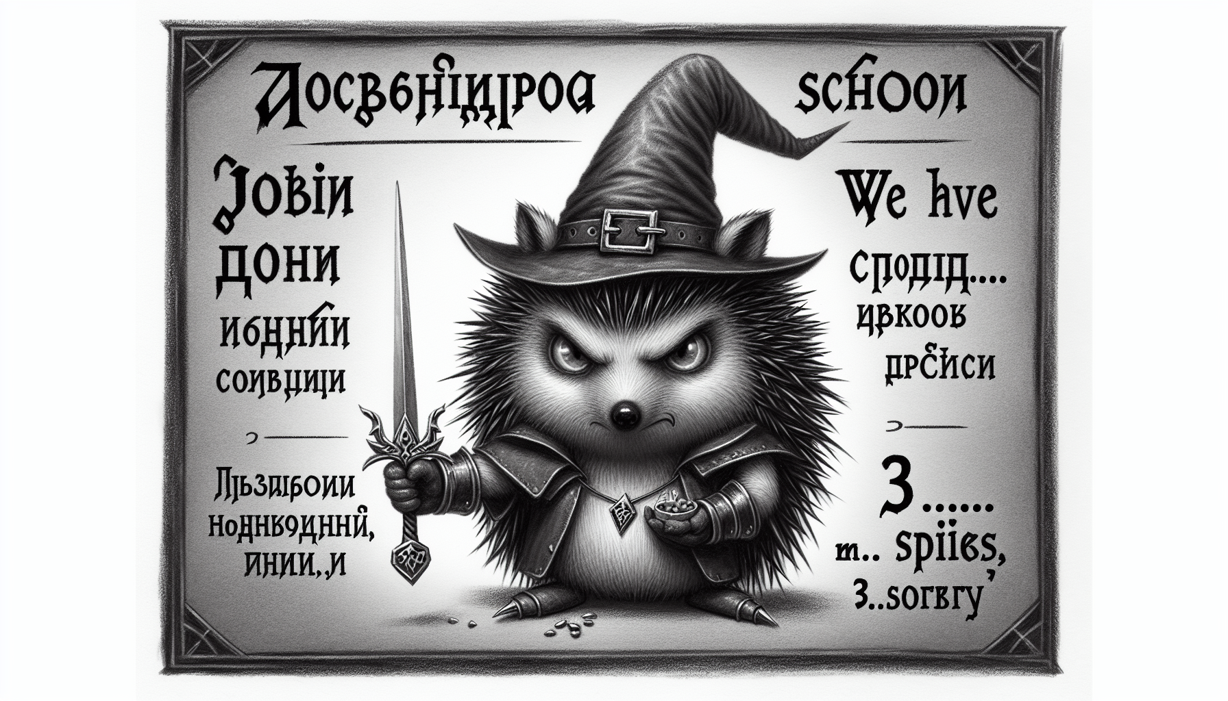 Ворчливый ёжик в крошечных ведьмачьих доспехах с миниатюрным серебряным мечом в руках. Текст на русском языке ниже: «Присоединяйтесь к Школе Ёжика — у нас есть: 1) Шипы 2) Ещё Шипы 3)... Золота нет, извините». Стиль рисунка: тёмное фэнтези, похожее на пародию на Гвинт.