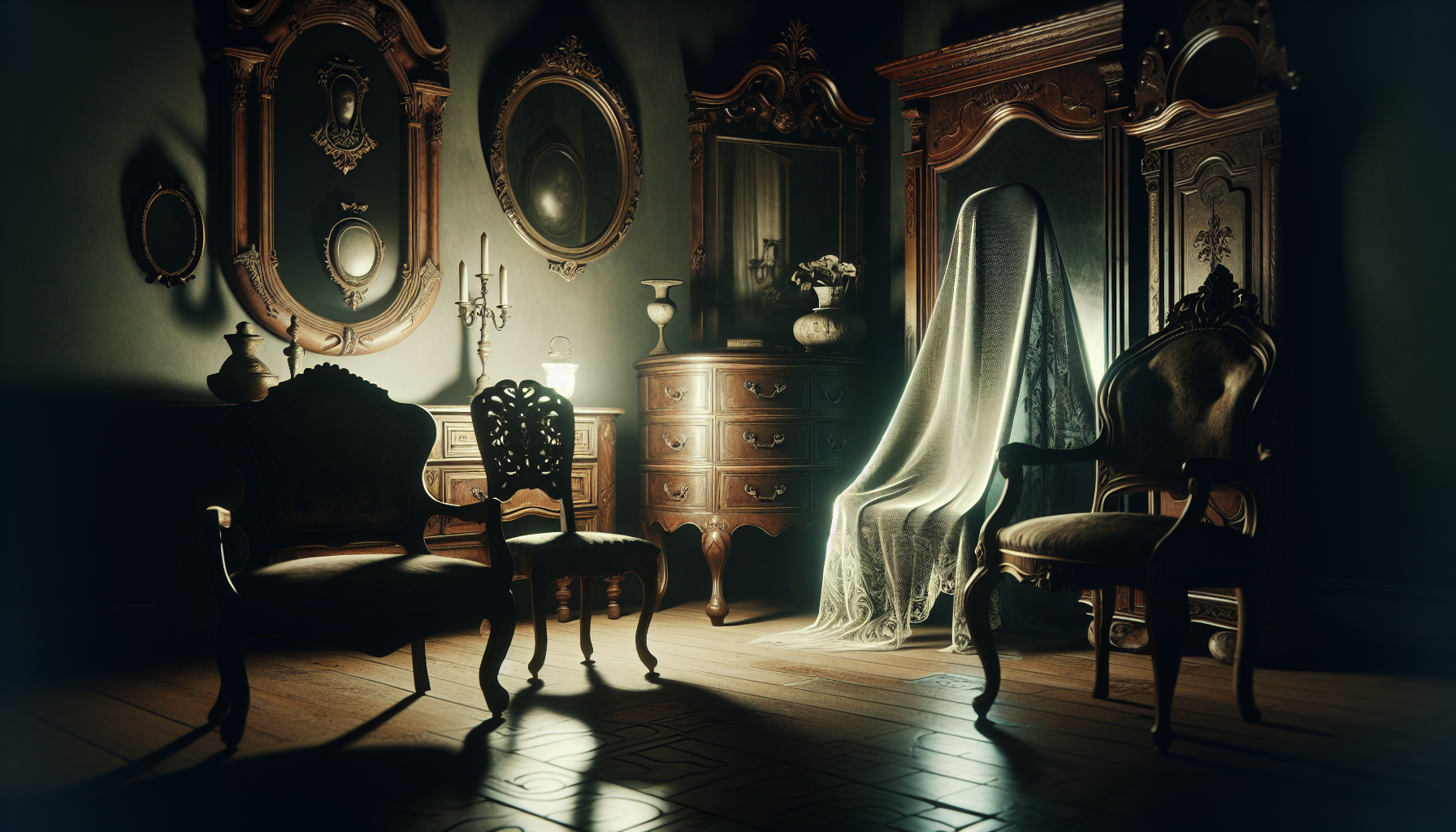 Room filled with antique furniture, a single covered mirror glowing from underneath the cloth — sinister atmosphere, deep shadows