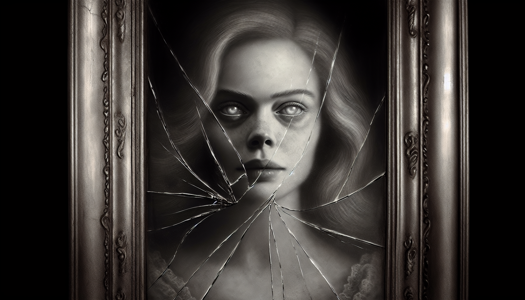 "Close-up of a cracked vintage mirror showing the faint reflection of the same pale woman with hollow eyes, slightly smiling — the real room is empty, but she’s inside the glass. 9:16 portrait, deep shadows, unsettling atmosphere."