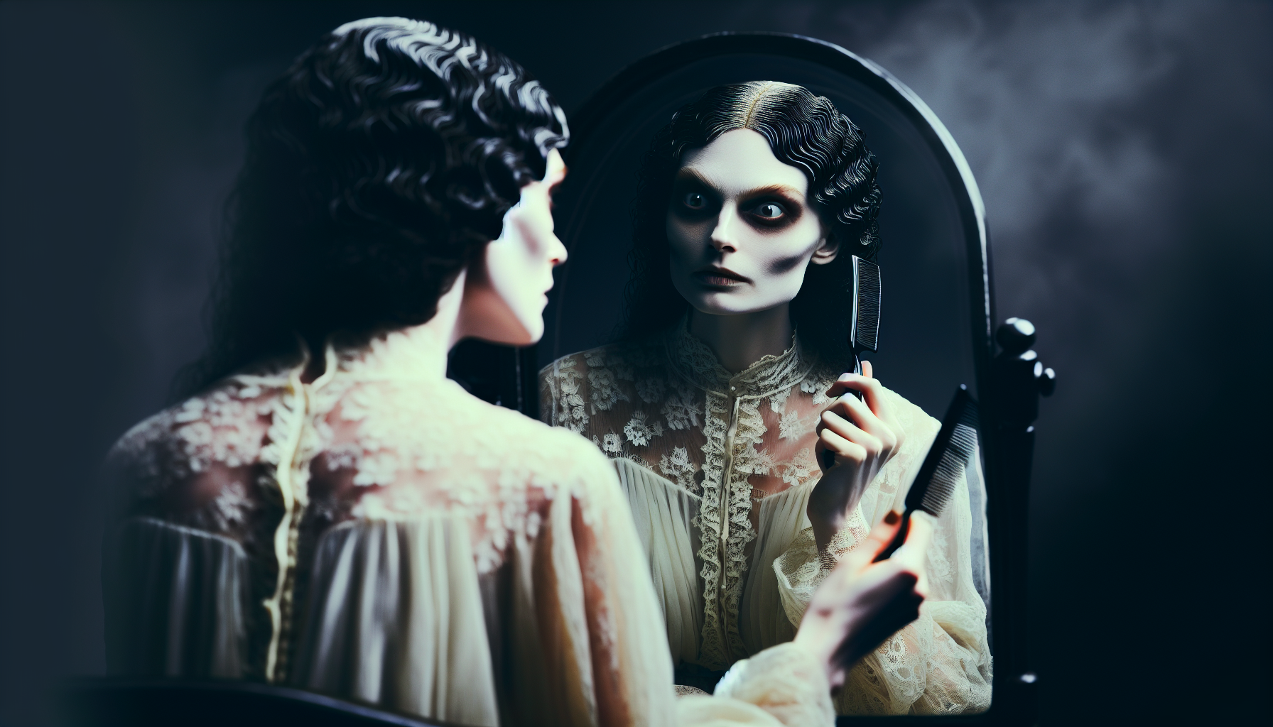 "The pale woman sits in front of the mirror now, brushing her long dark hair, her eyes locked with the viewer through the glass — her reflection moves on its own. 1920s haunted lace dress, portrait, horror theme."