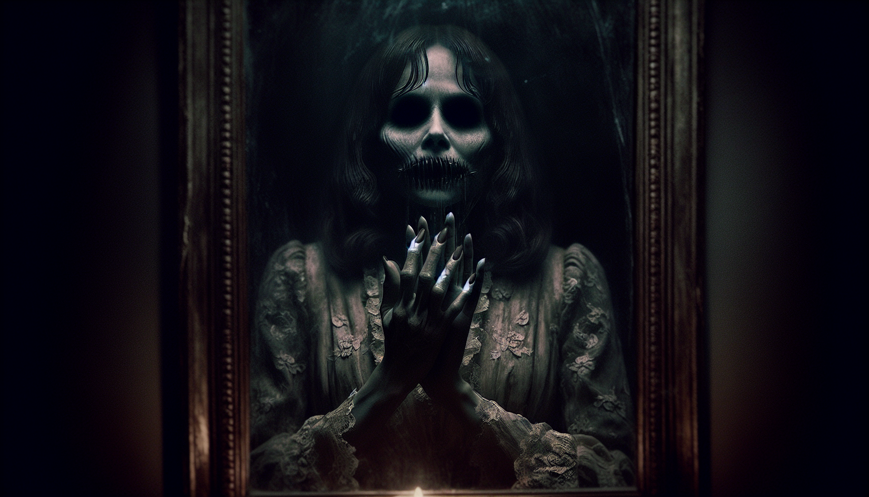 "The mirror’s surface ripples like water — the pale woman inside slowly presses both hands against the glass, her stitched mouth trembling as if screaming in silence. 1920s ghost in torn lace dress, 9:16 portrait, dark shadows, eerie flickering candlelight."