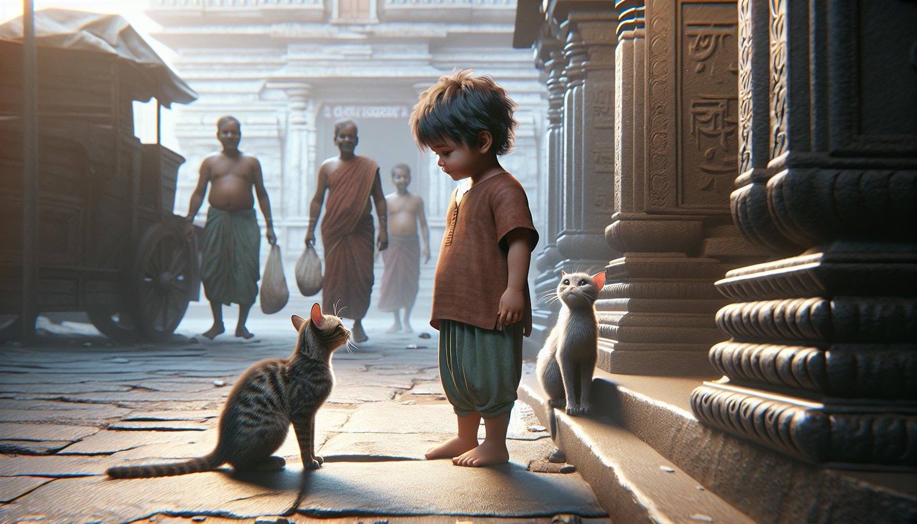 “Realistic with exact situation A 2-year-old adorable Indian toddler wearing simple clothes stands outside a Hindu temple, looking at two sad hungry street cats sitting near the temple steps. The child has a soft, emotional expression — like he feels sad seeing the cats. Background shows people walking past, still ignoring the cats. Emotional, realistic cinematic style.”