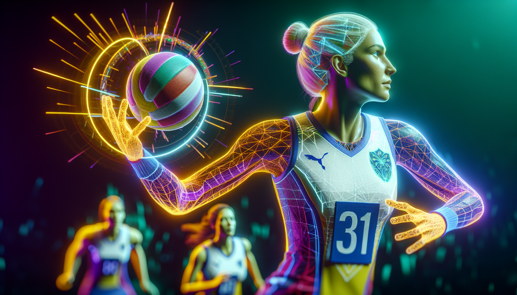 Create a vivid 3D effect image of an intense looking netball player, in full action. The focus is on a Caucasian female netball player in the foreground, actively engaging in the game. She is in full action with his athletic build highlighted in the team's uniform.  Hyperrealistic, concept art, extreme-close-up shot, intricately detailed, color depth, dramatic,  side light, HDR, 16K, ring-lighting, neon-cyber-punk