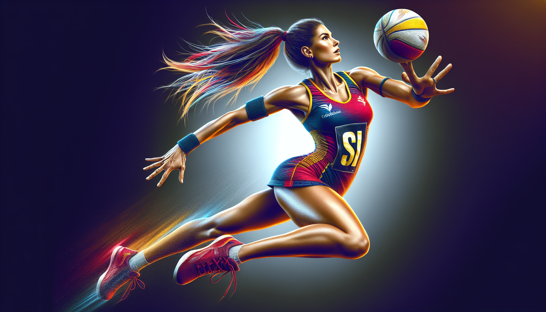 Create an extreme sports style poster of an intense looking netball player, in full action. The focus is on a Caucasian female netball player in the foreground, actively engaging in the game. The action is caught in the split second of catching and passing the ball. She is in full action with her long hair pulled back in a high ponytail, her athletic build highlighted in the team's vivid bright uniform.  Hyperrealistic, concept art, extreme-close-up shot, action sports photography, intricately detailed, color depth, dramatic, triadic colours, side light, HDR, 16K, ring-lighting, intense action