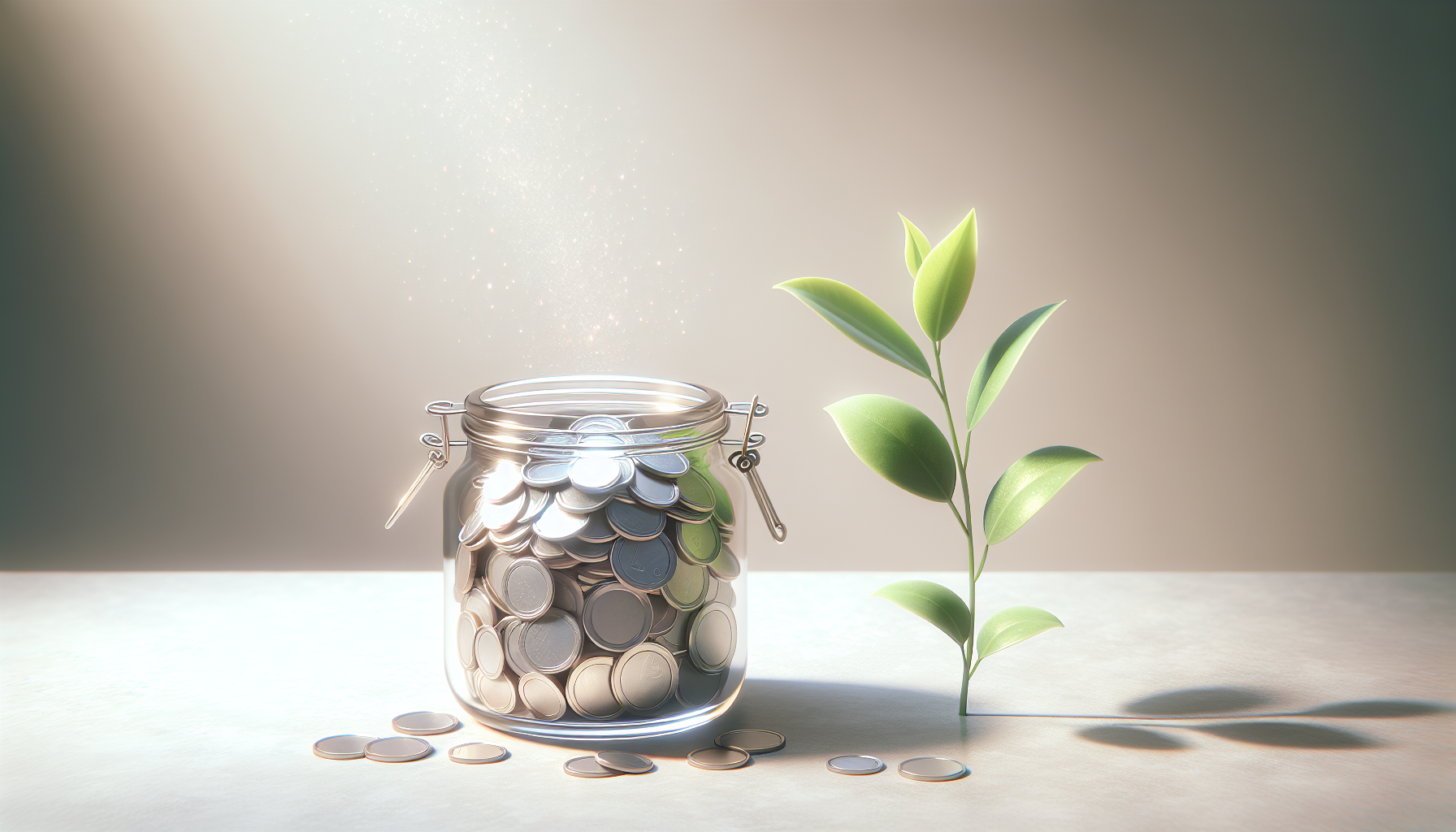 Minimalist still life of a small glass jar filled with coins, next to a growing green plant sprout, on a light gray marble surface. Soft daylight, financial growth concept, clean and realistic style. No text, no words, no letters, no logos, no labels.