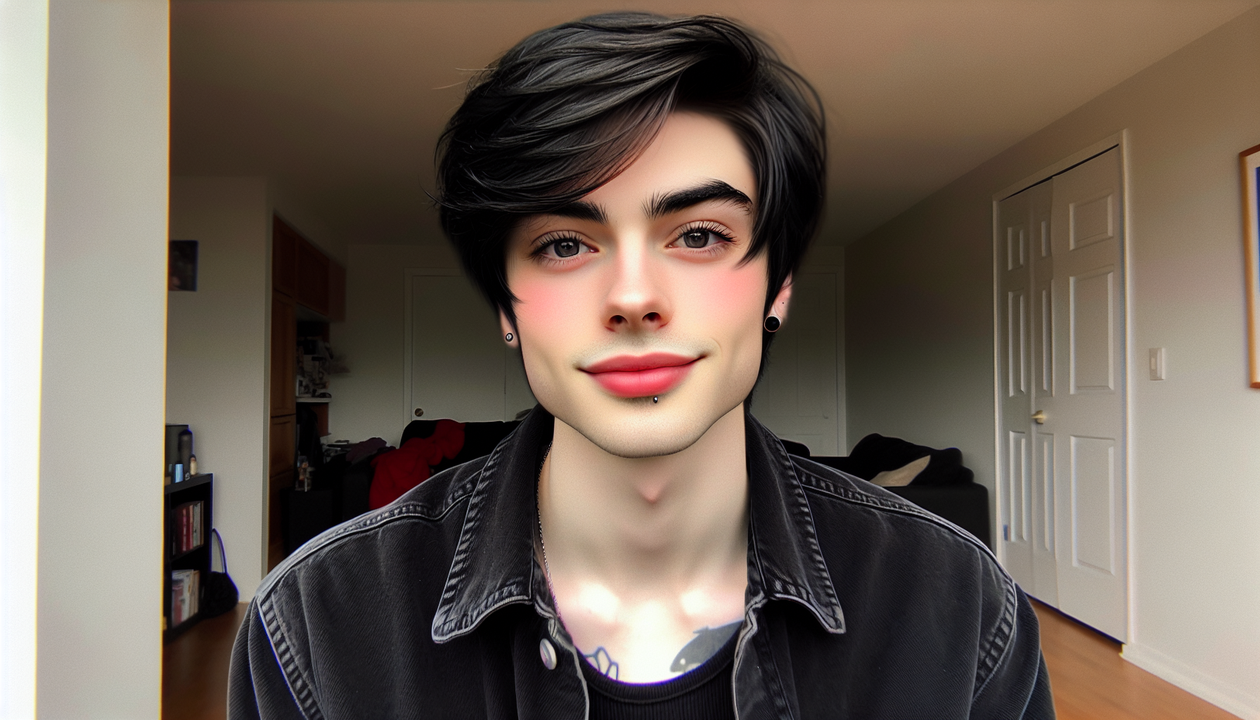 Un hombre de 22 años. Es de piel pálida, con un rubor ligero en las mejillas Es delgado con músculos ligermante marcados. Ojos color negro rasgados y estiradoa. Labios con un tono rosado. Pearcings en las orejas. Cabello color negro lacio, de longitud media, despeinado. Ropa una camiseta de botones, color negro, con los primeros botones desabrochados y un pantalon de mezclilla holgado. Con fondo de un apartamento común. Pose. MIrando directo a la camara con una sonrisa y los ojos entreverrados