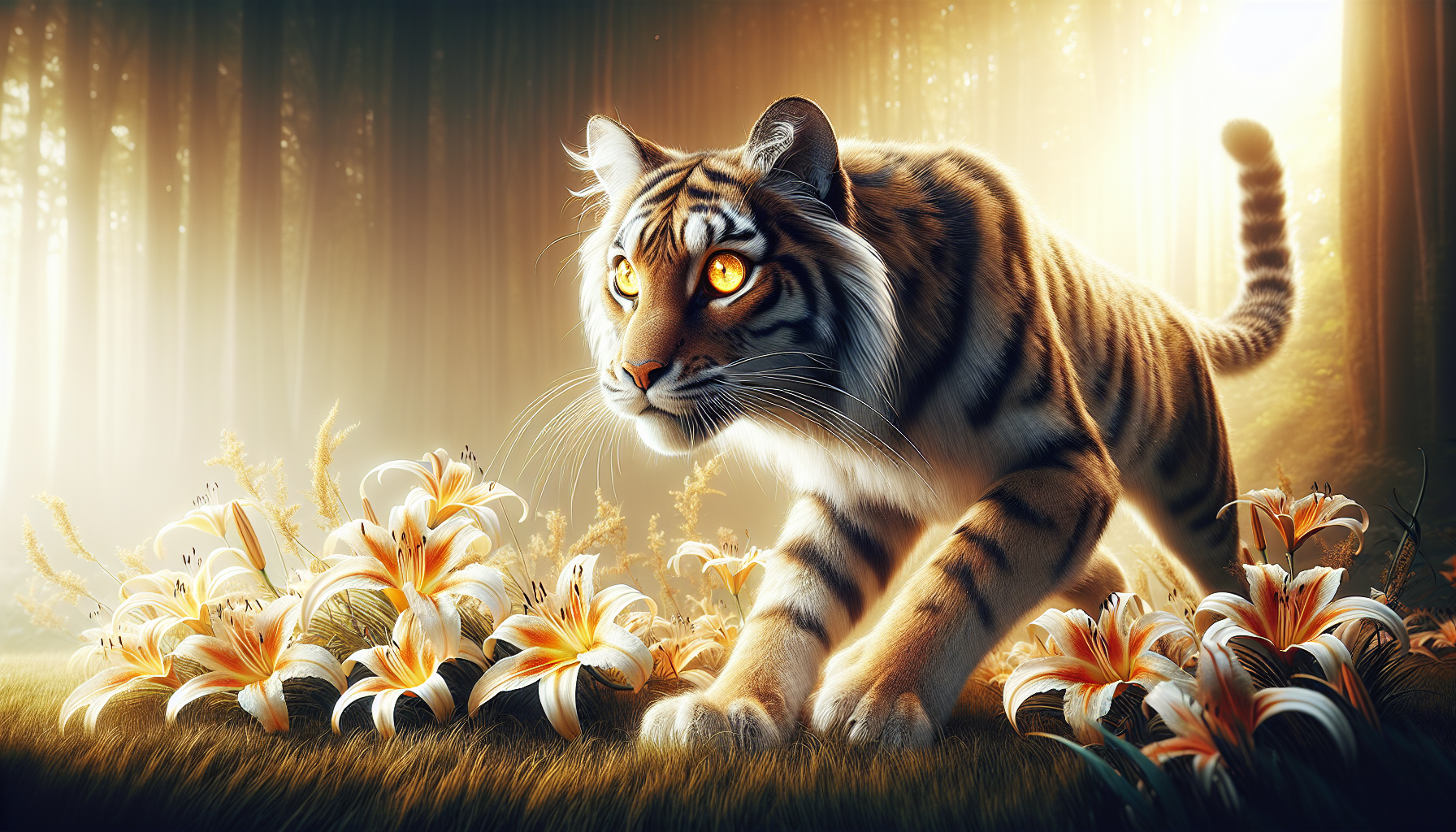 A majestic mixed-breed animal with the powerful, glowing amber eyes of a tiger—piercing, intense, and full of wild intelligence. Its face carries tiger markings and expression, but the body is that of a smaller, sleek domestic cat—graceful, agile, and low to the ground in a playful hunting crouch. The creature is mid-motion, its front paw slightly lifted, hind legs coiled, and tail flicking with anticipation. It plays within a lush field of wild grass, a mix of tall stalks and soft tufts, interspersed with blooming lilies in white, orange, and soft pink hues. Some petals are caught in its fur and whiskers, adding softness and movement. The environment feels alive and immersive, but the lighting and depth of field keep the tiger-eyed hybrid as the unmistakable focal point. Fine details show individual strands of fur, the shimmer in its intense tiger gaze, delicate blades of grass, and realistic flower textures. The mood is playful yet primal—nature captured in a single poised heartbeat