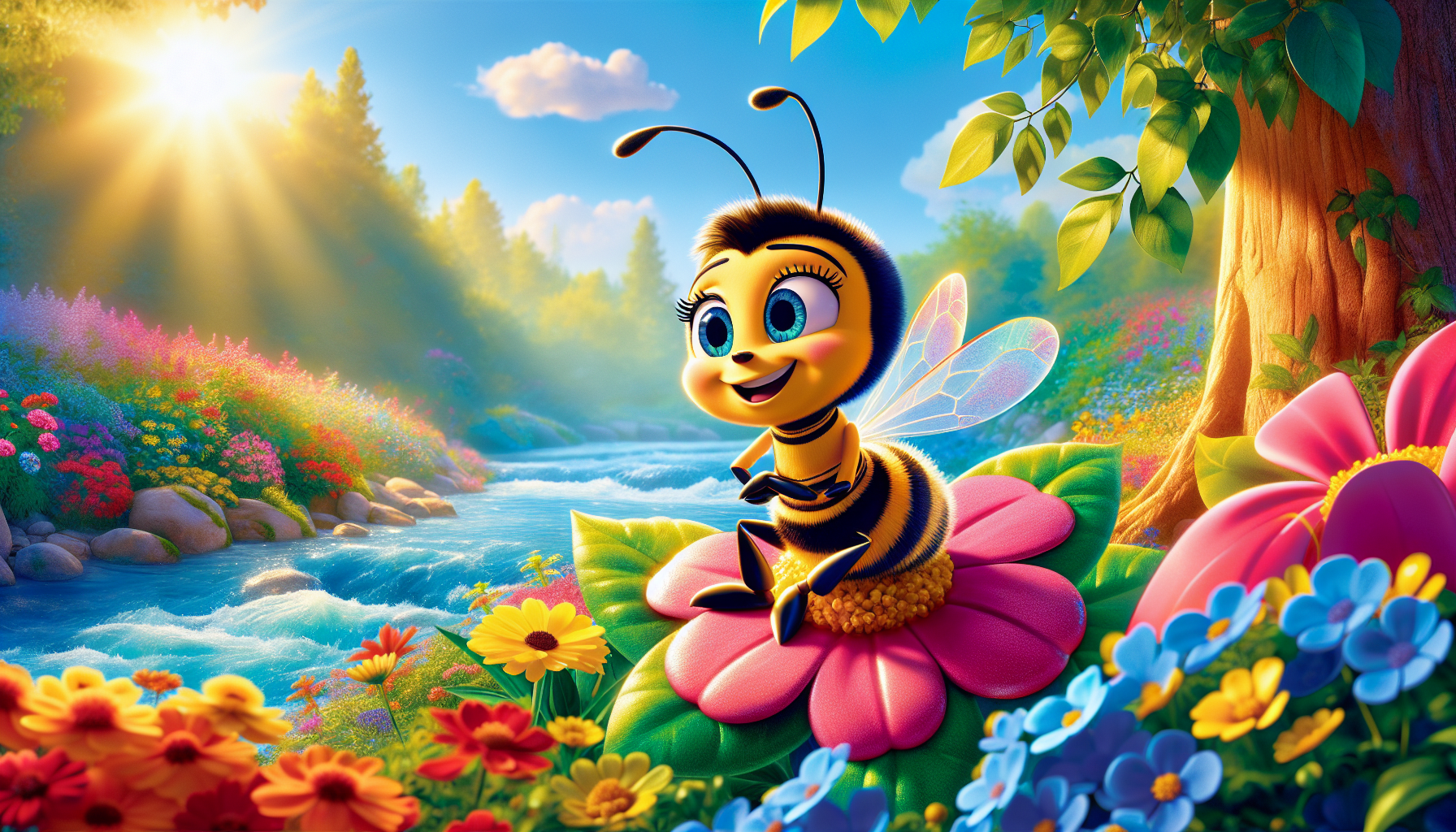 La abejita maya en una flor, junto al río.