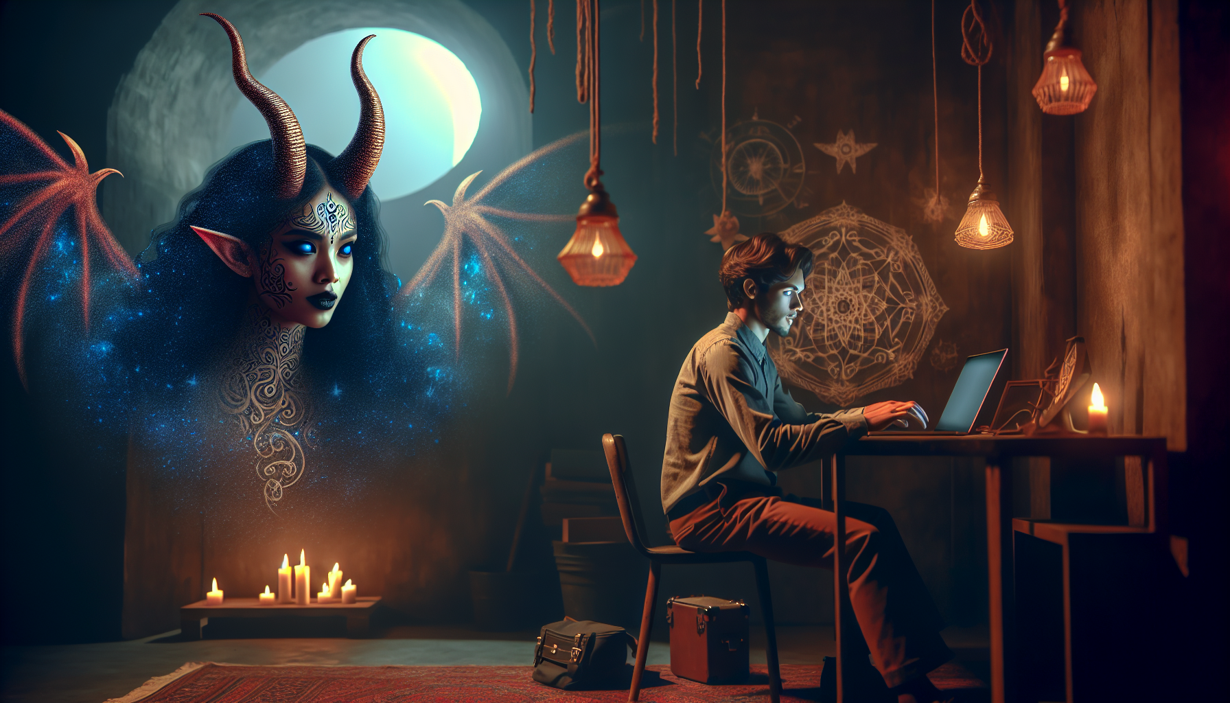 Nna diabla con sexy y linda, con 4 cuernos, ve y escucha a un joven humano produciendo musica con su laptop con su capucha puesta a oscuras en su habitaciòn, sin que se de el cuenta, haz la imagen algo esoterica