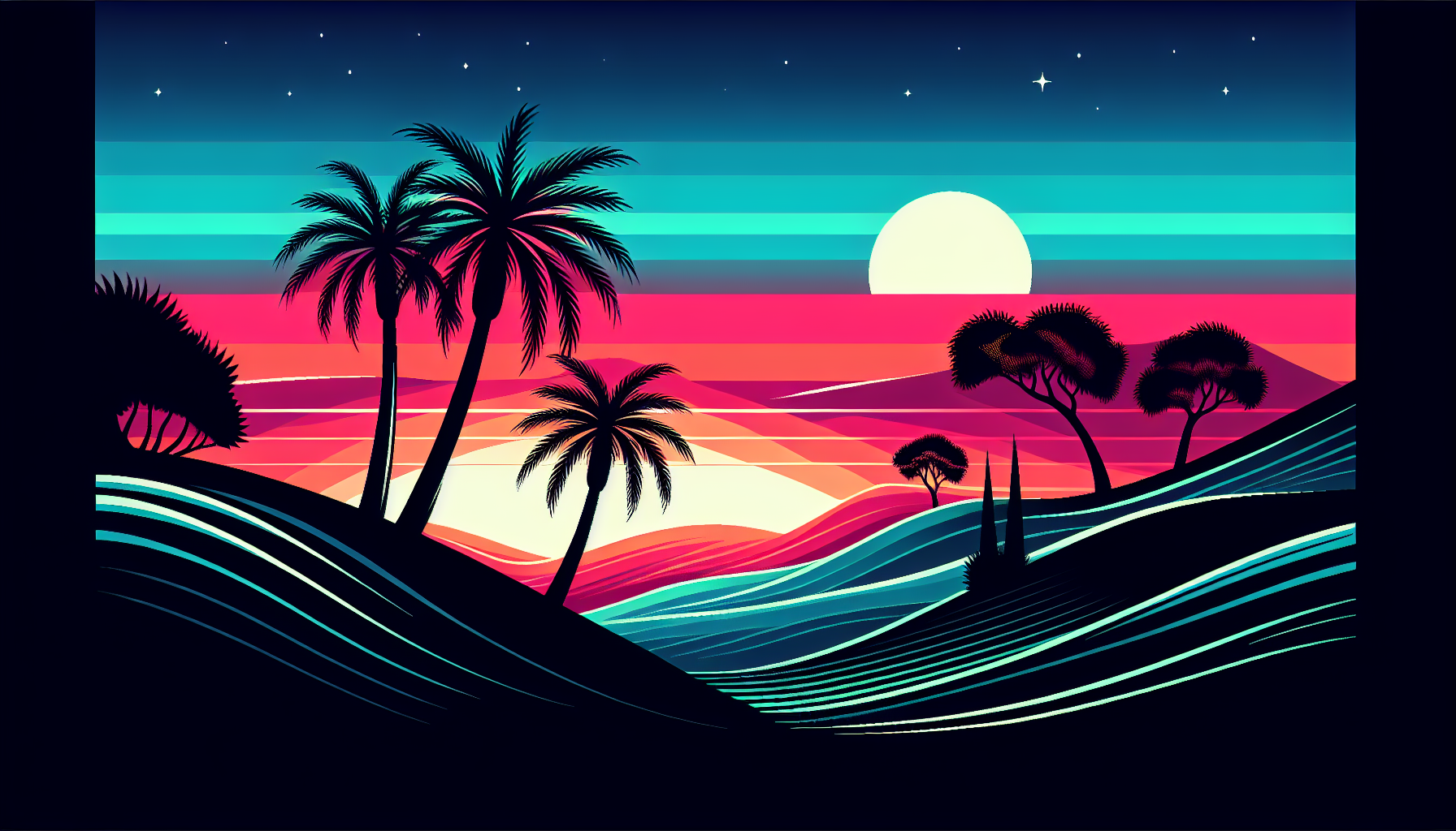 palm trees in the sky, silhouette, a few colors, a few hills in the backgound
