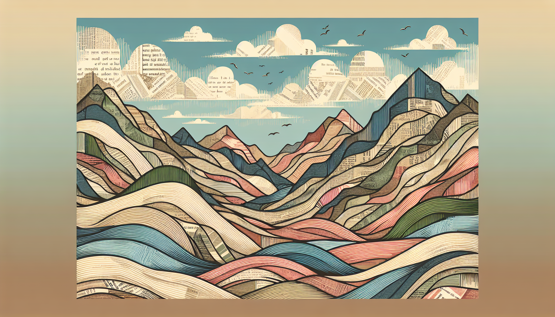 collage like, hills made out of newspaper scraps, very simple, three colors