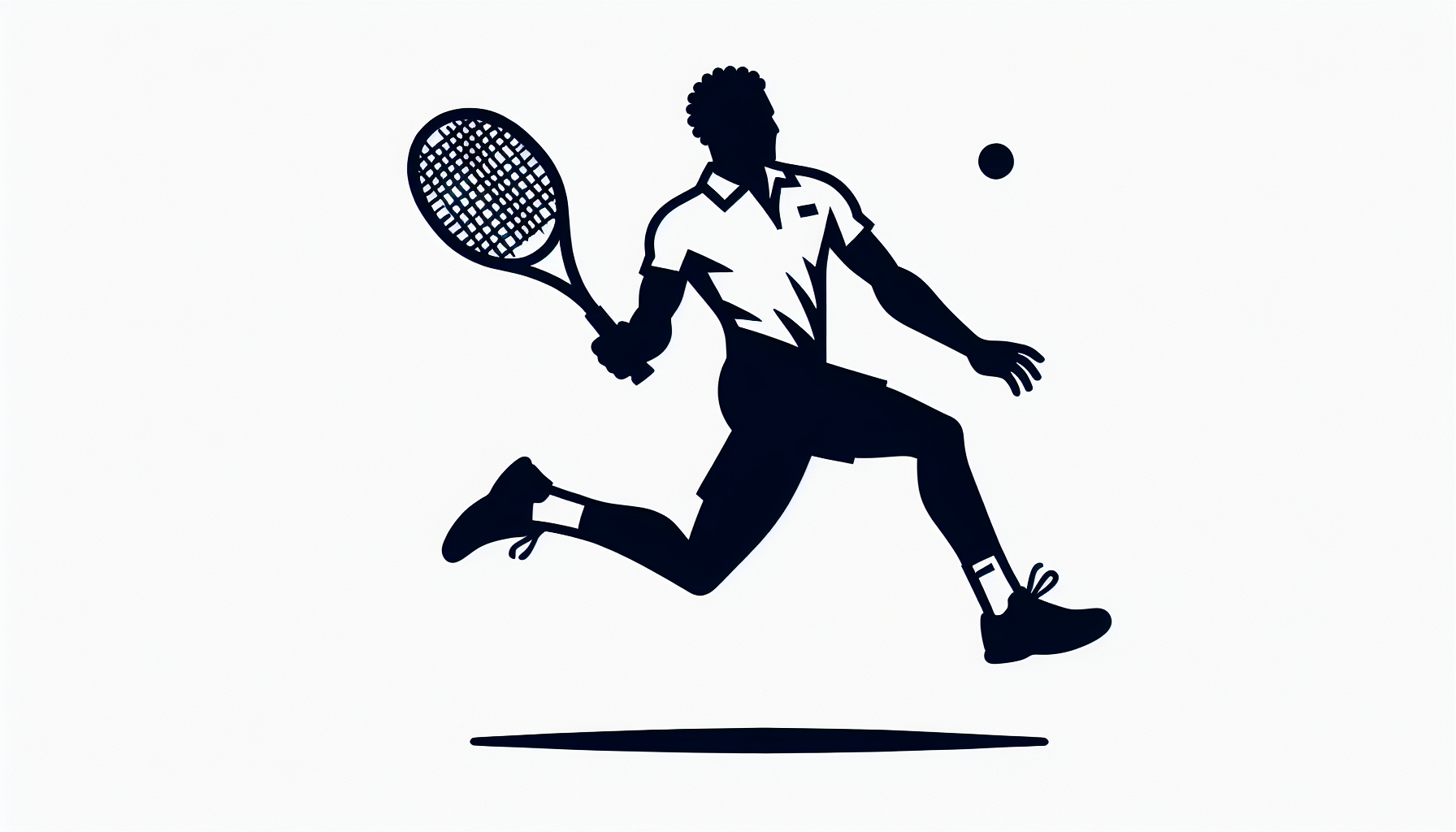 a simple icon of a black male tennis player with a tennis racket wearing a white polo t-shirt, jumping up in the air,