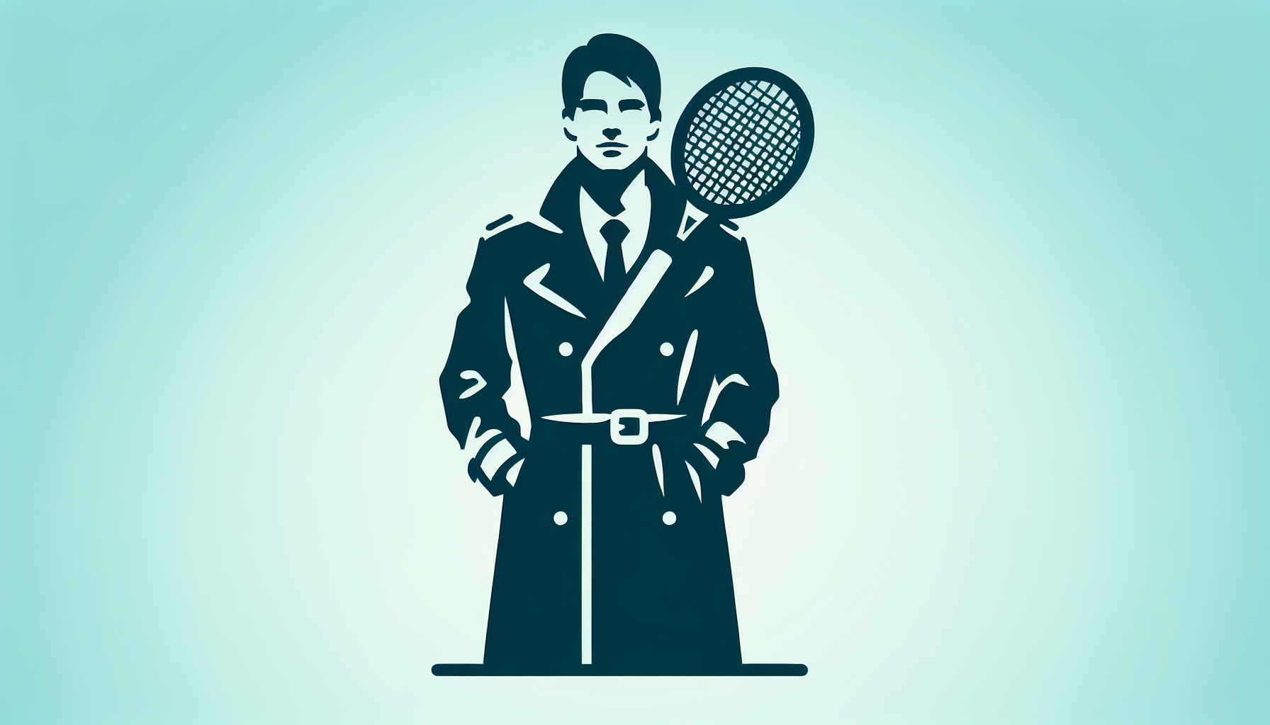 an simple icon of a male tennis player holding a tennis racket, wearing a trench coat, standing still, looking straight ahead
