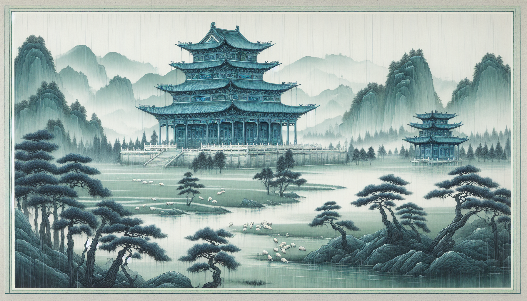 A picture of blue-white jade walls, ancient buildings and towering pavilions in the rain, pine trees and grasslands around the water, and sheep walking in the distance. It is a green ink painting style with delicate brushstrokes, exquisite details, high-definition resolution, aerial perspective, and delicate textures.