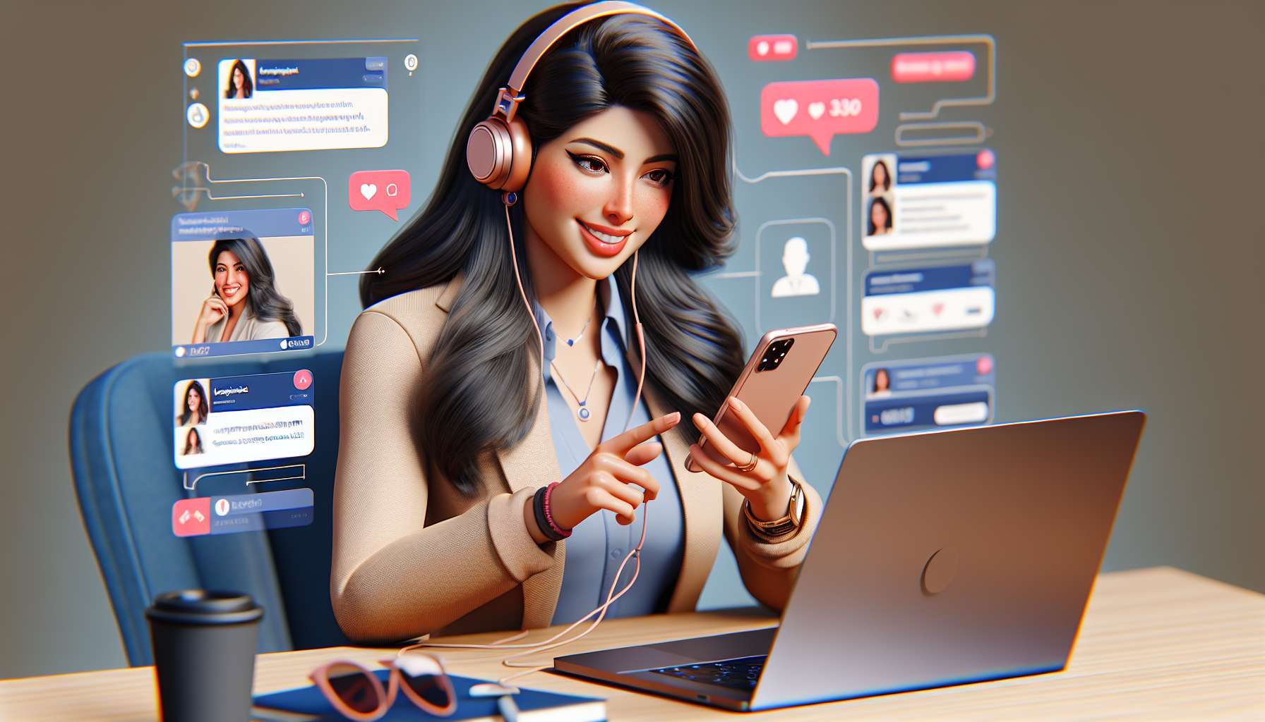 Crea una imagen animada 3d realista de una asesora Virtual, una mujer amable con un celular, un portátil y audífonos, respondiendo mensajes de las redes sociales 
