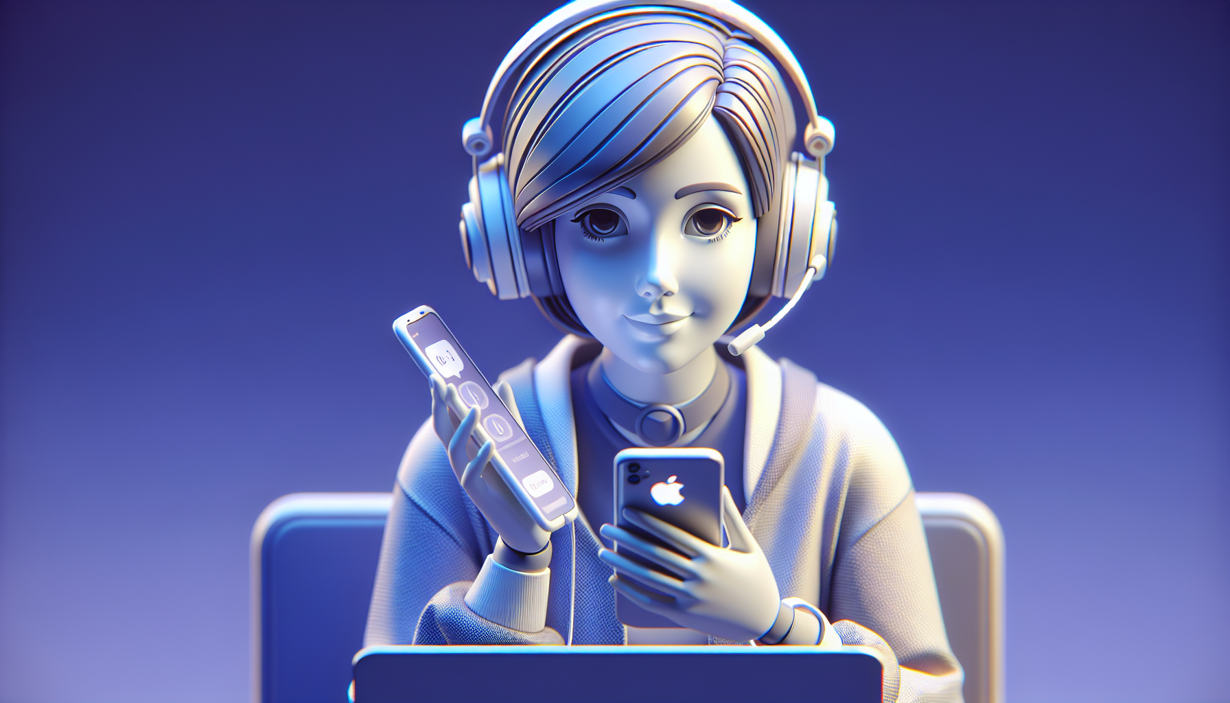 Crea una imagen animada 3d realista de una asesora Virtual, una mujer amable con un celular, un portátil y audífonos, respondiendo mensajes de las redes sociales 