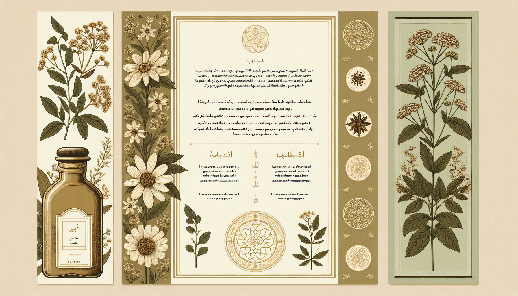 Design an Instagram post in Arabic showcasing the health benefits of natural herbs. The design should be clean and elegant, using a soft vintage style. Include illustrations of herbs like anise, chamomile, or peppermint. Use colors matching the brand: olive green, golden honey, beige, and soft brown. Leave space in the center for Arabic text. Add a spiritual, feminine touch such as soft floral patterns or subtle Islamic motifs. No text in the image, just space for text. --v 5 --ar 1:1 --style 4b --q 2 --no letters, watermark