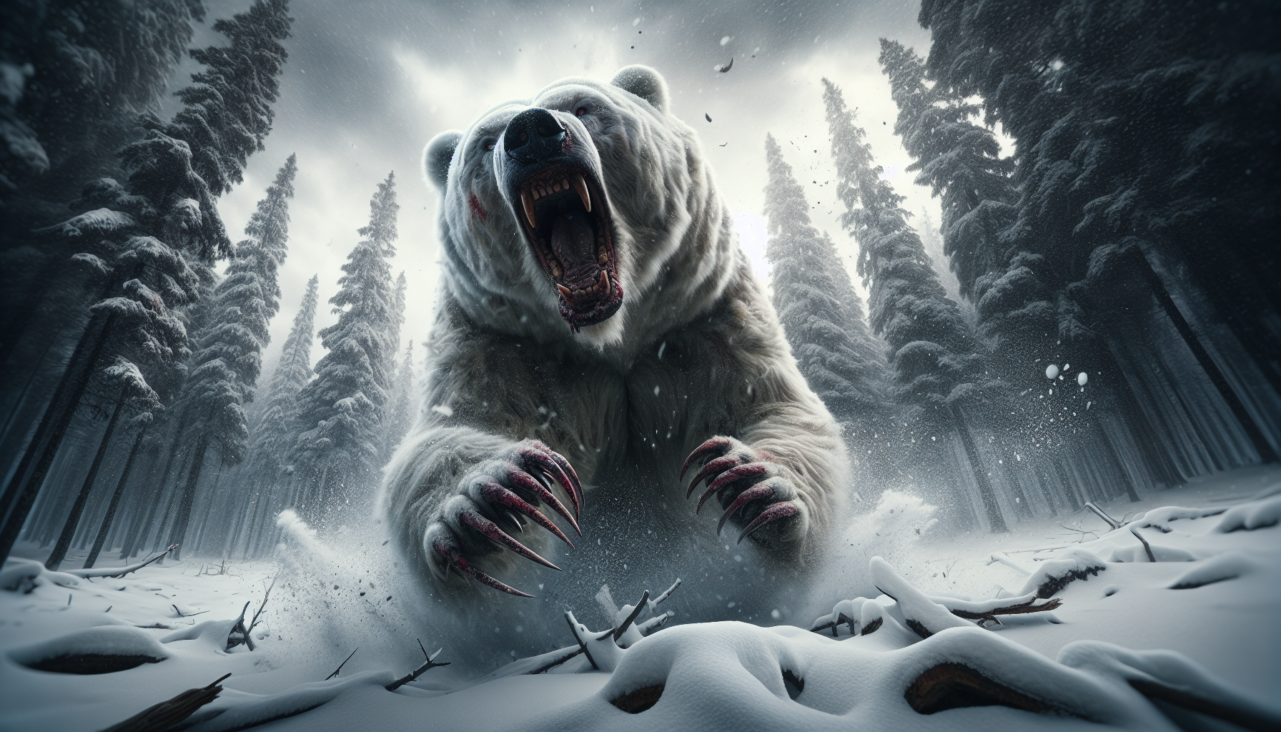 "A massive white bear mid-charge, mouth wide open in a ferocious roar, its face and claws stained with dark red marks, exuding an intense and aggressive expression. The background features a deep, dark Siberian taiga forest, with towering pine trees looming over the bear, their branches heavy with snow. The ground is covered in thick, fluffy snow, with each powerful stride of the bear leaving deep paw prints in the white blanket. Snowflakes swirl around, caught in the stormy wind, adding to the intense atmosphere. Above, a dramatic stormy sky looms, casting cinematic lighting that creates strong shadows and depth. The bear's ultra-detailed fur is contrasted against the snow-covered forest floor, with flying debris and swirling snow adding dynamic motion. This is a high-realism scene, ideal for a key art movie poster